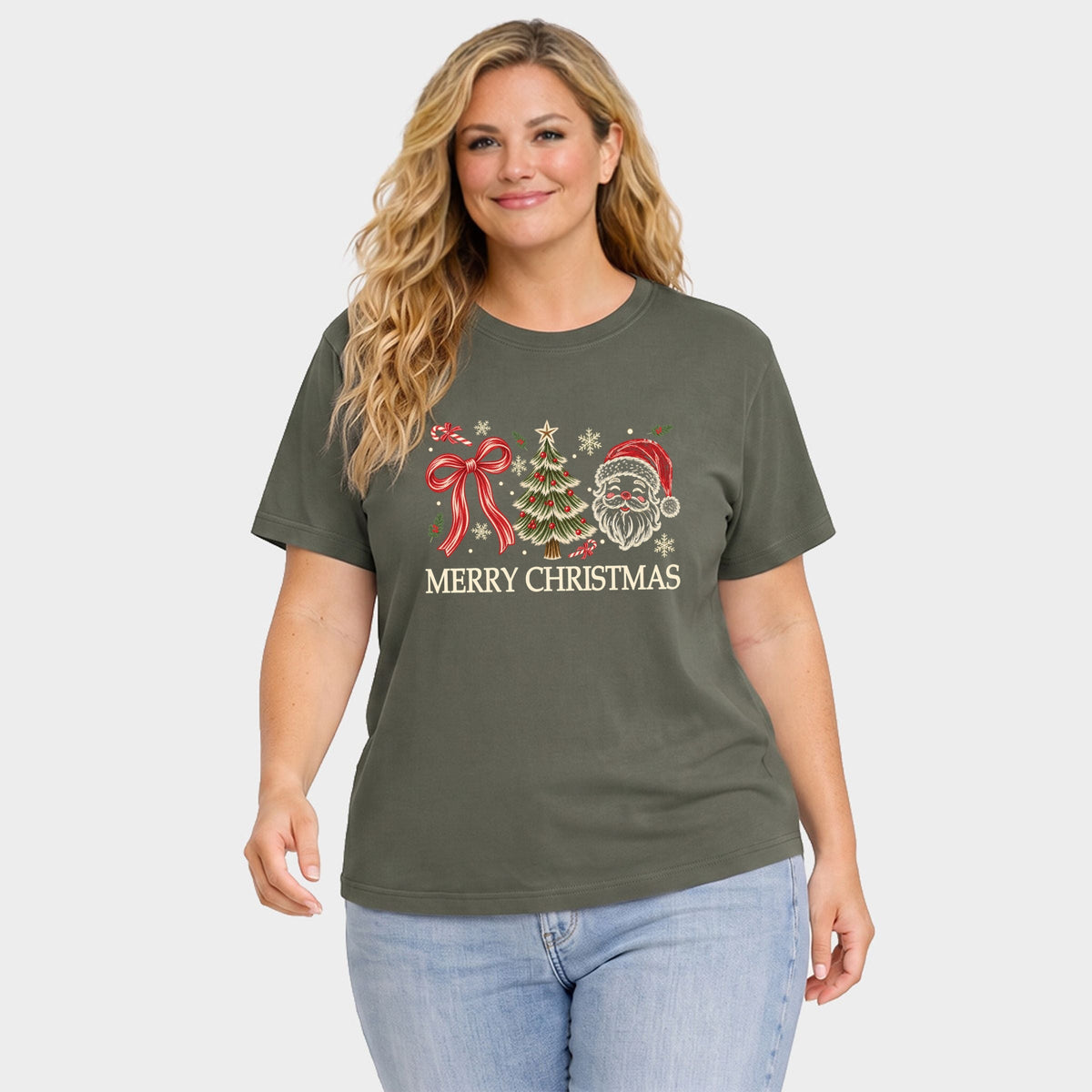 Merry Christmas Bow Tree Santa - Women's Plus Garment Dyed Tee