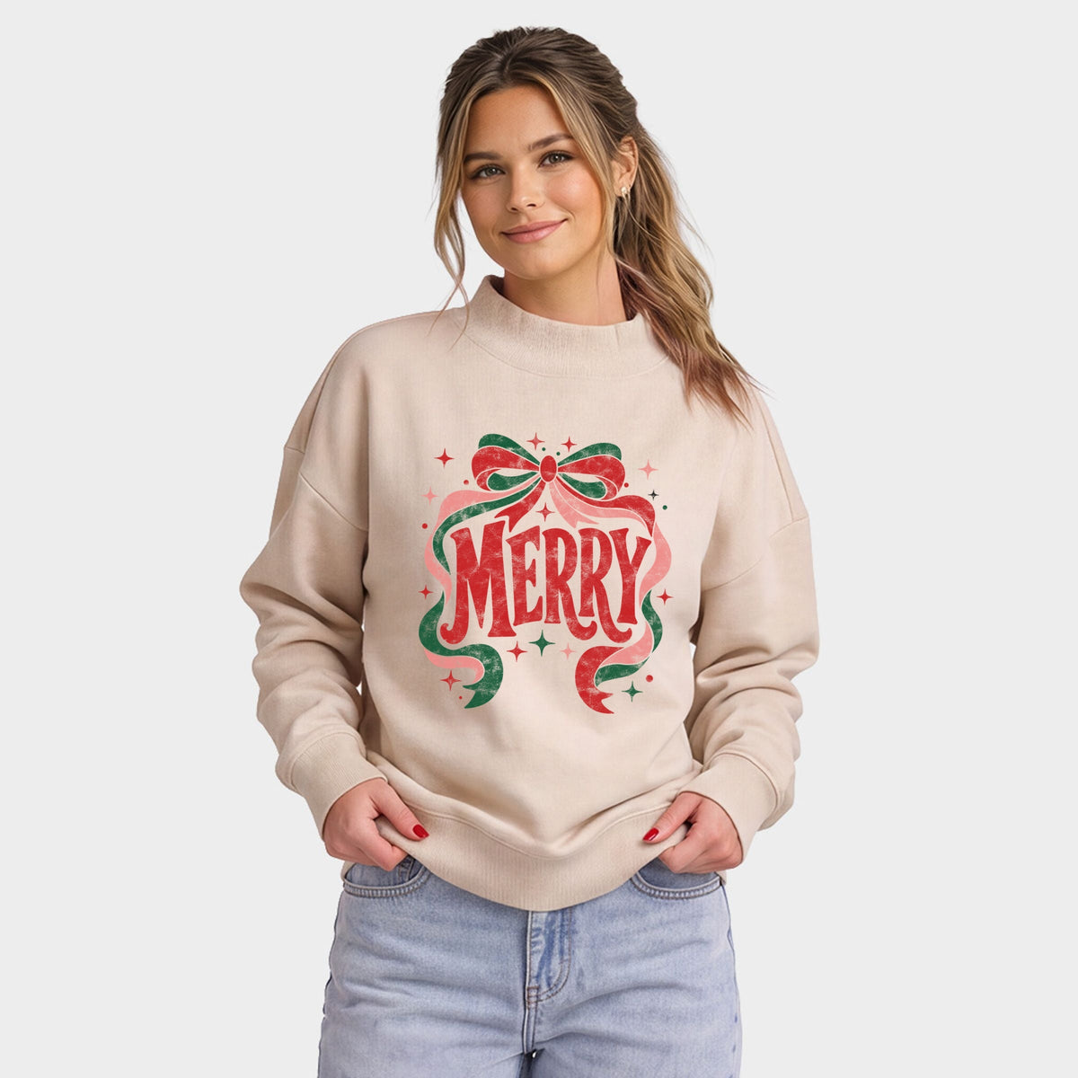 Merry Bow Stars - Oversized Mock Sweatshirt