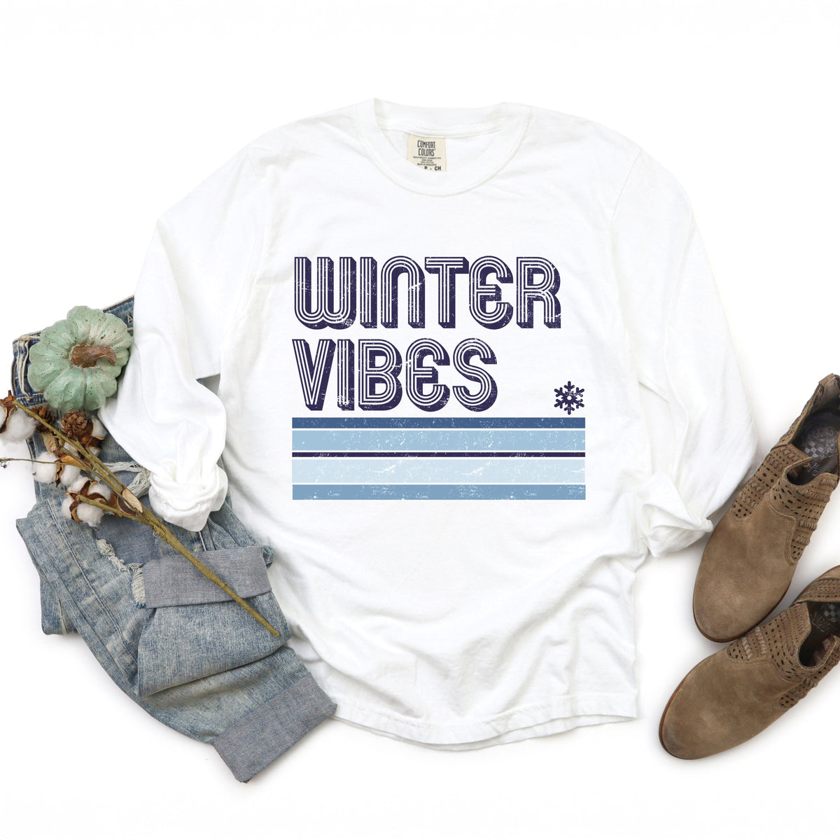 Winter Vibes Stripes - Women's Garment Dyed Long Sleeve Graphic T-Shirt