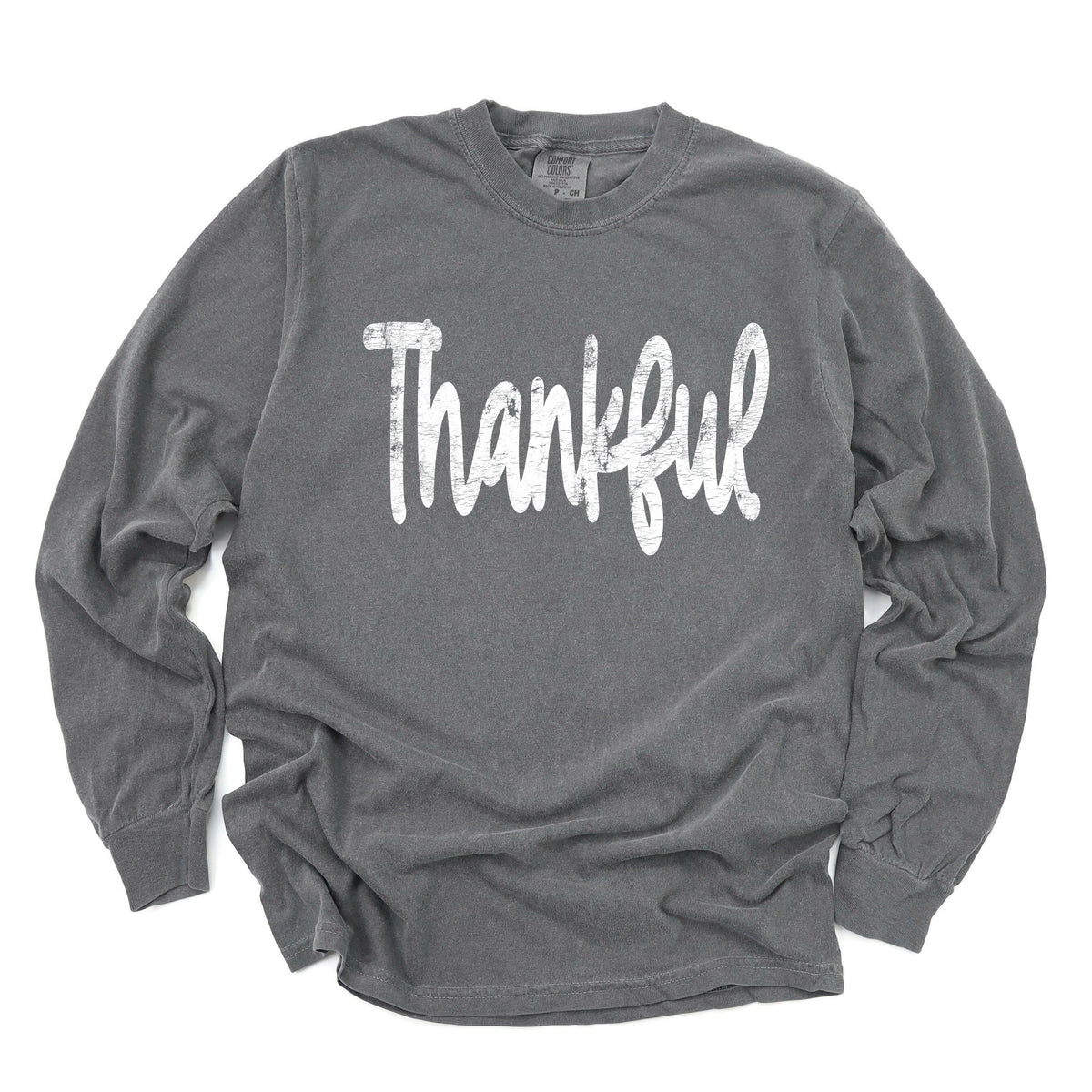 Thankful Cursive Distressed - Women's Garment Dyed Long Sleeve Graphic T-Shirt