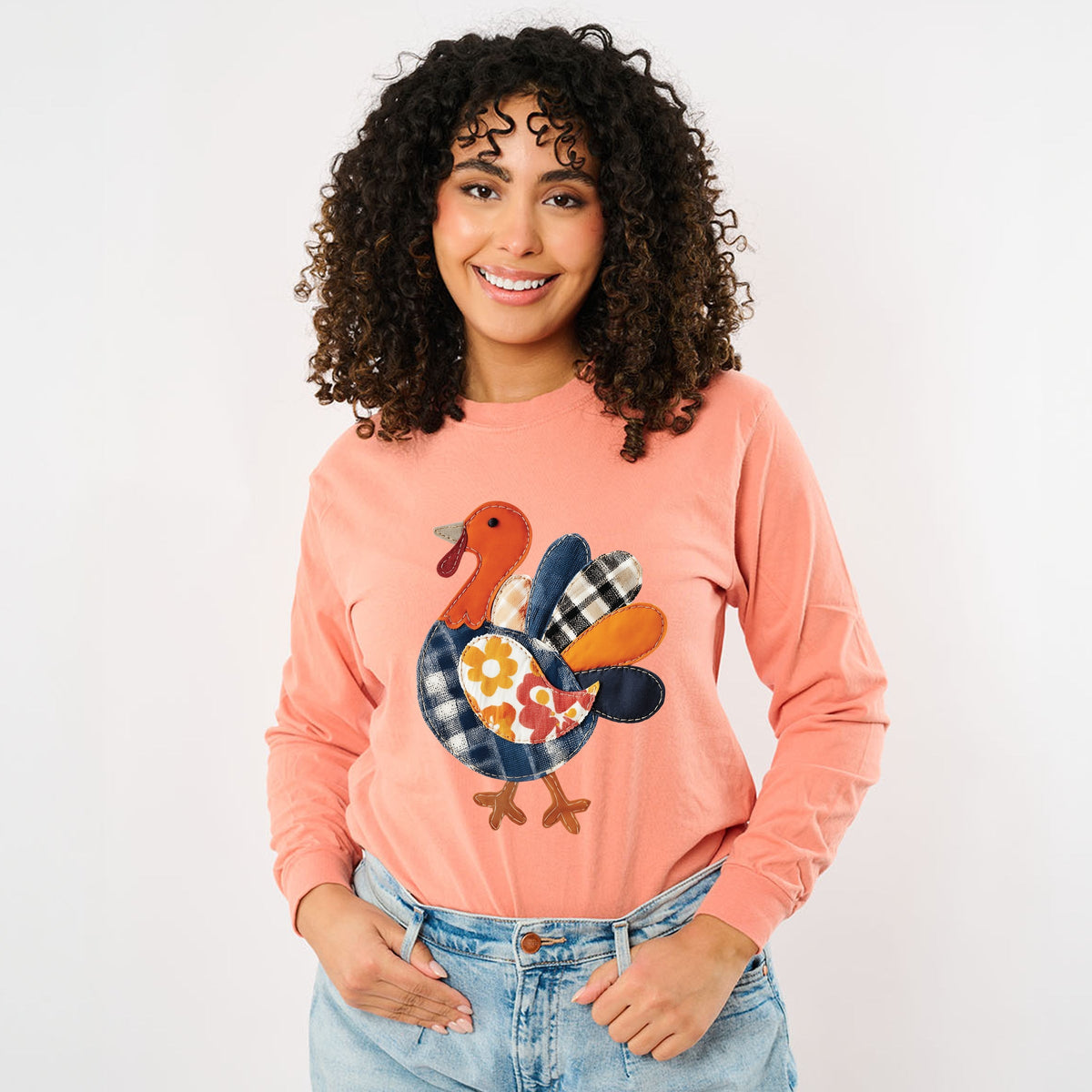 Plaid Turkey Patchwork Print - Women's Garment Dyed Long Sleeve Graphic T-Shirt