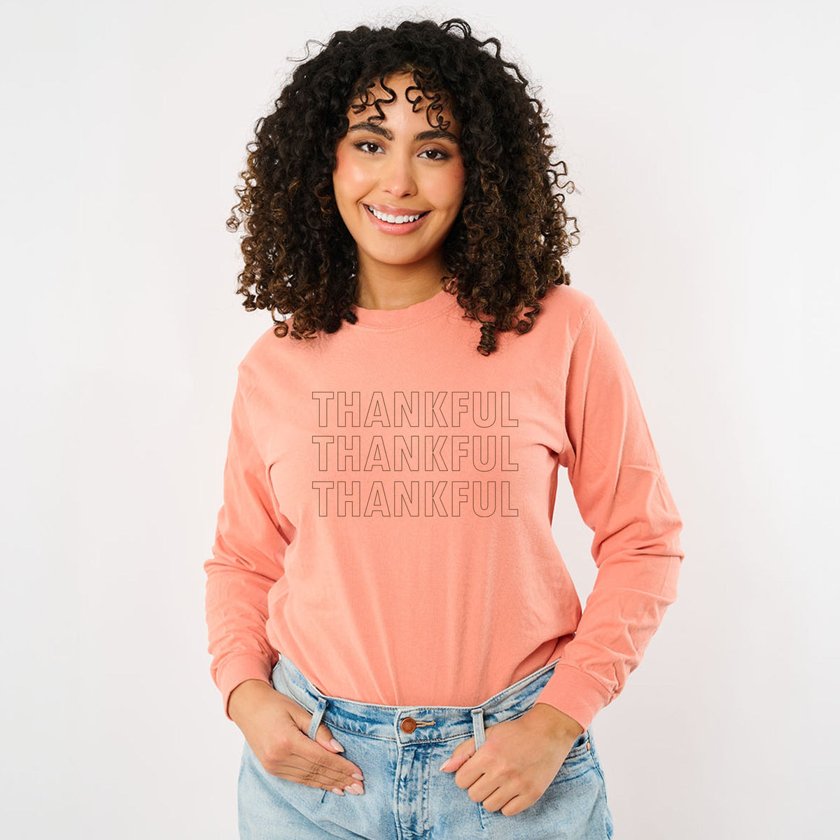 Thankful Outline Stacked - Women's Garment Dyed Long Sleeve Graphic T-Shirt