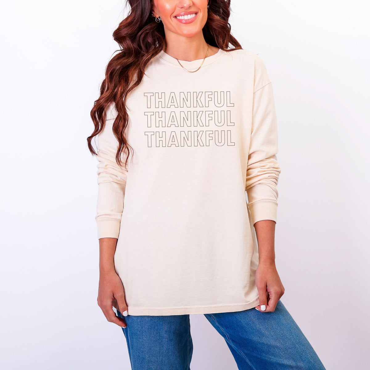 Thankful Outline Stacked - Women's Garment Dyed Long Sleeve Graphic T-Shirt