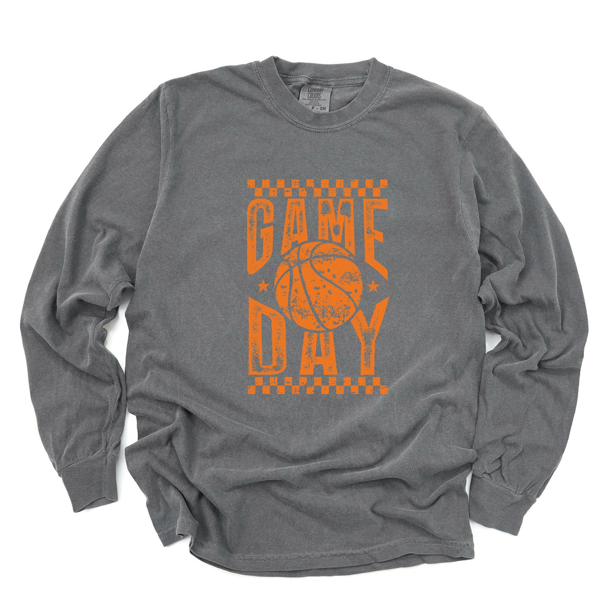 Basketball Game Day Checkered Distressed - Women's Garment Dyed Long Sleeve Graphic T-Shirt