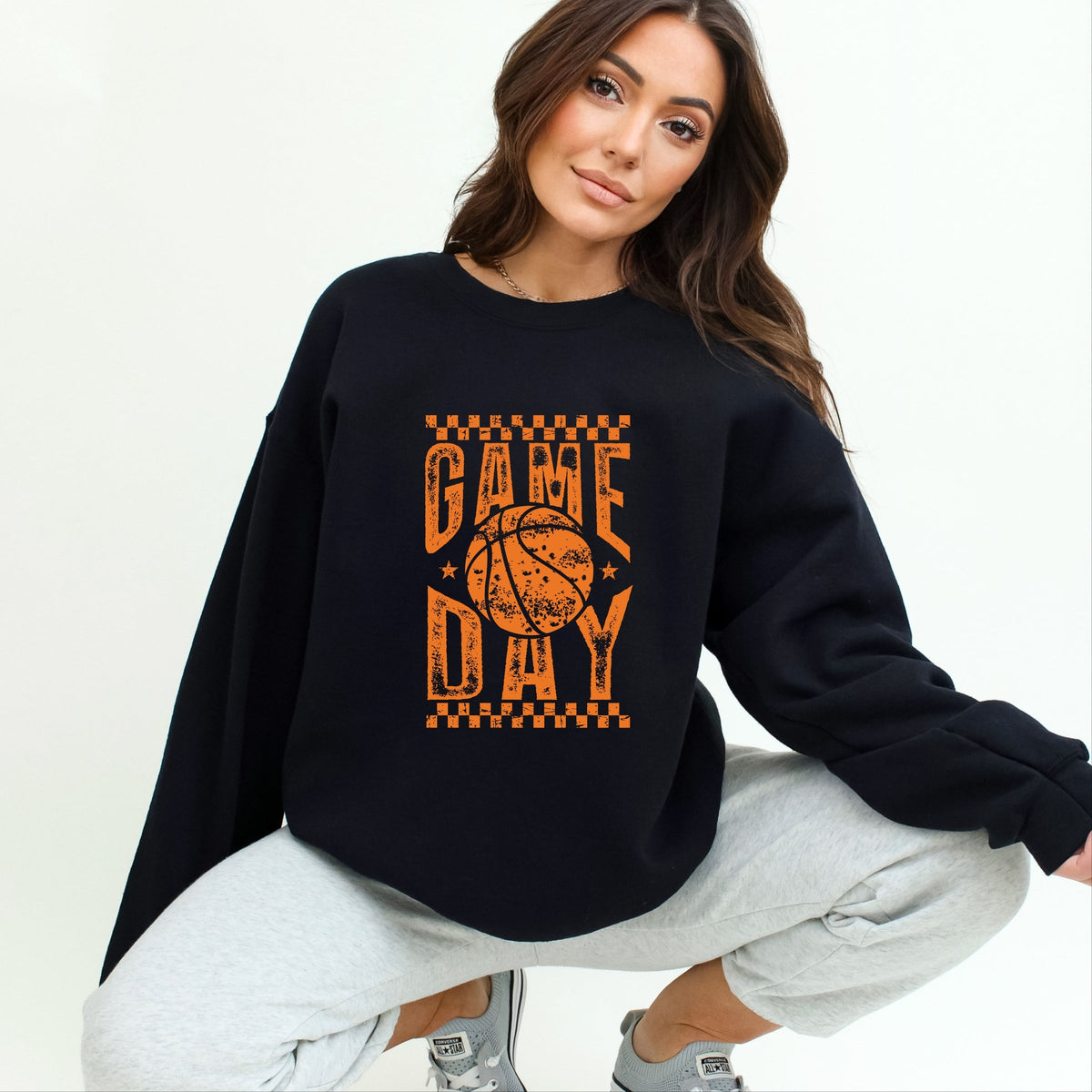 Basketball Game Day Checkered Distressed - Women's Graphic Sweatshirt