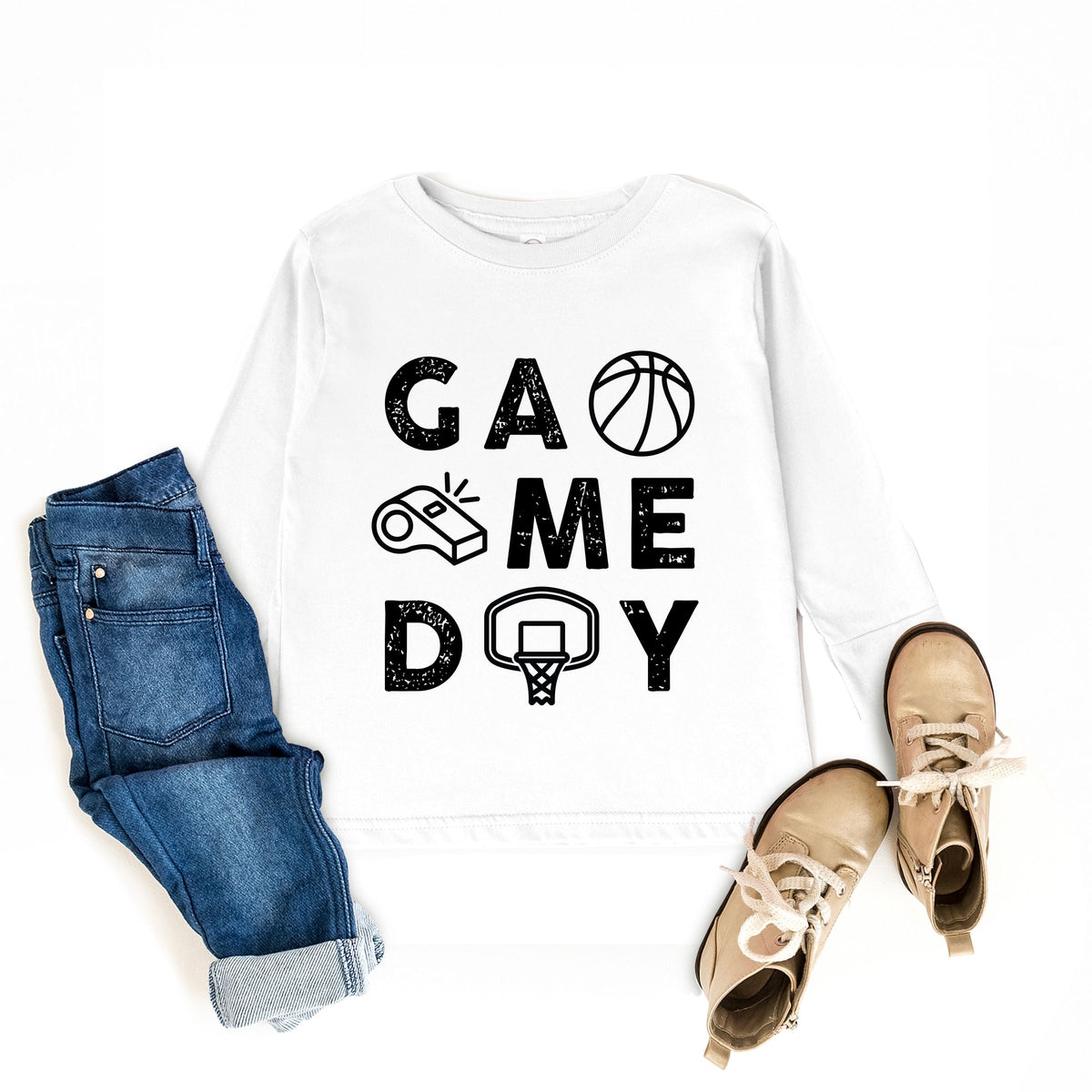 Basketball Game Day Block Distressed - Toddler Long Sleeve Graphic Tee