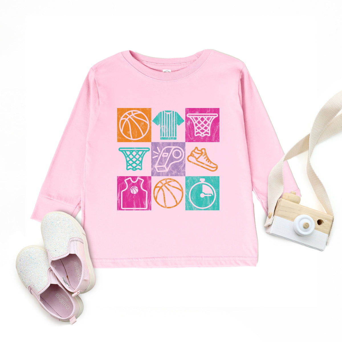 Basketball Checkered Icons - Toddler Long Sleeve Graphic Tee