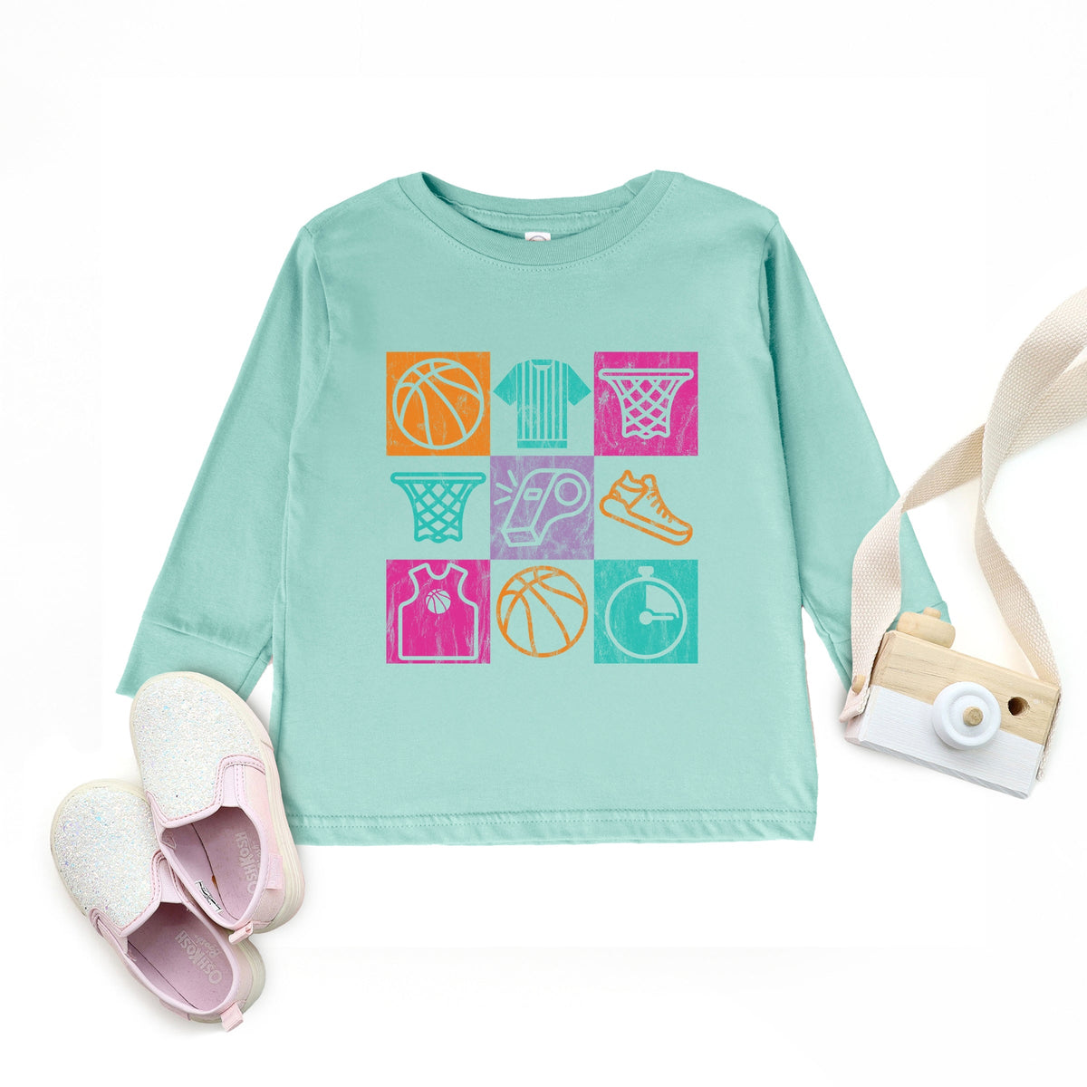 Basketball Checkered Icons - Toddler Long Sleeve Graphic Tee