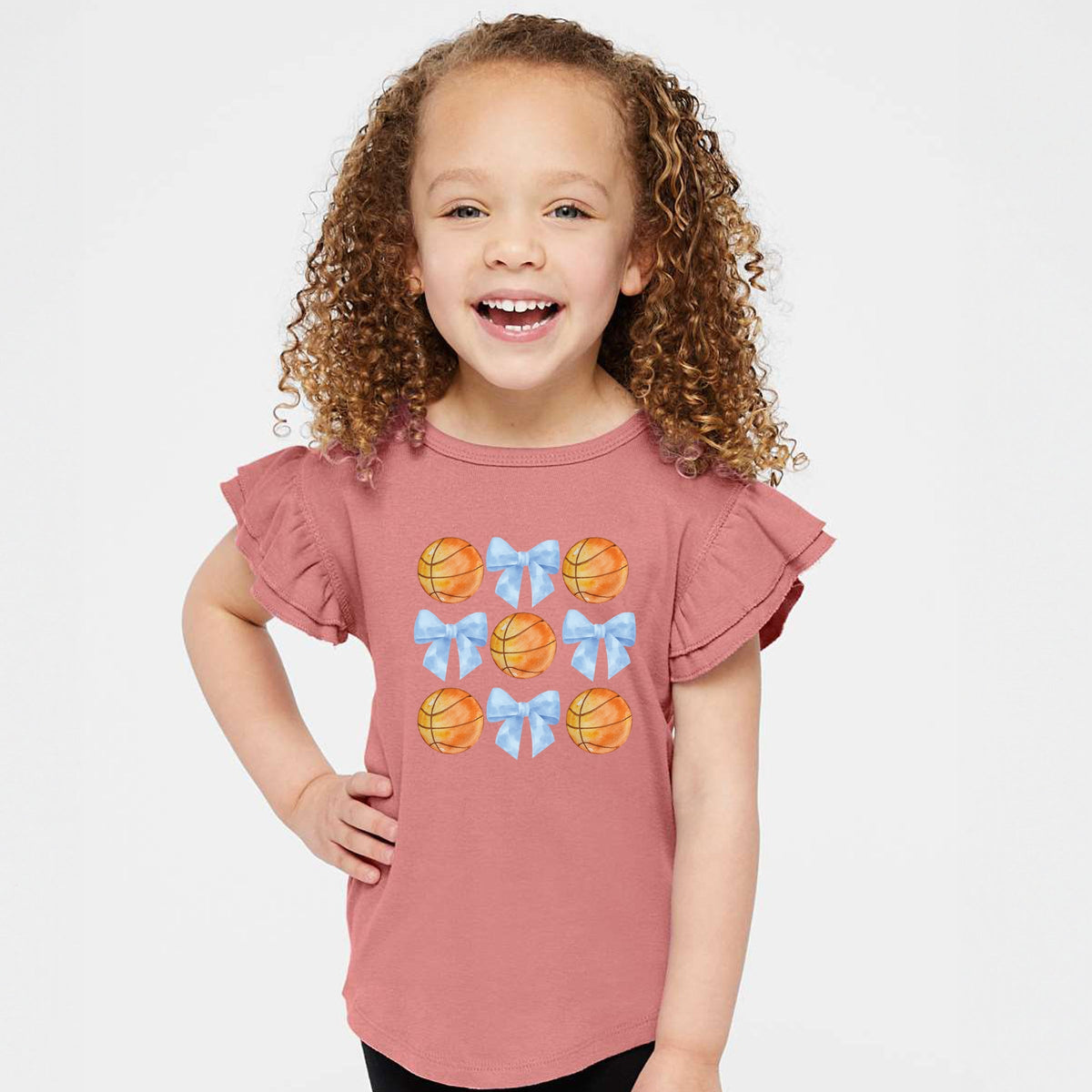 Basketball and Blue Bows Watercolor - Flutter Sleeve Graphic T-Shirt