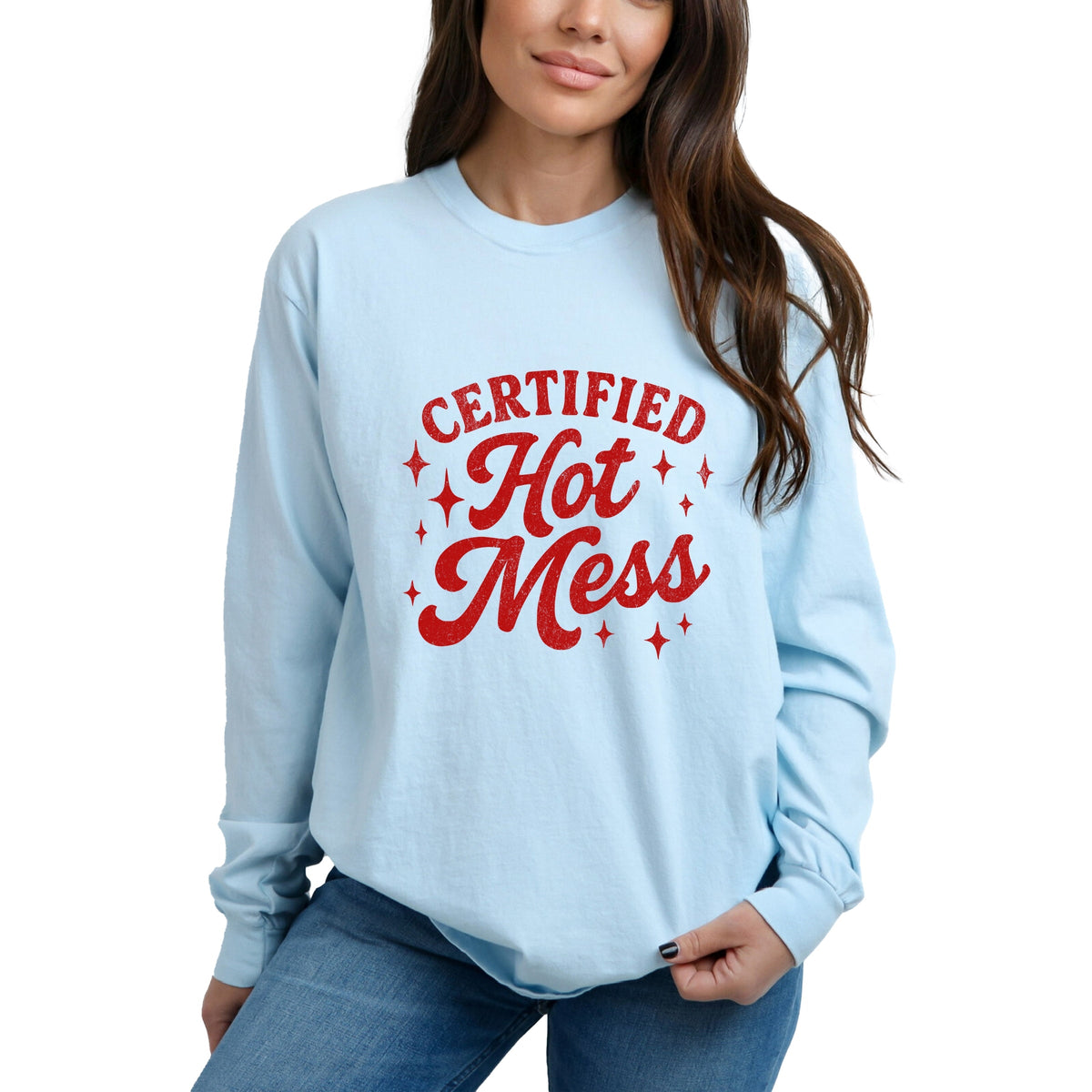 Certified Hot Mess Stars Distressed - Women's Garment Dyed Long Sleeve Graphic T-Shirt