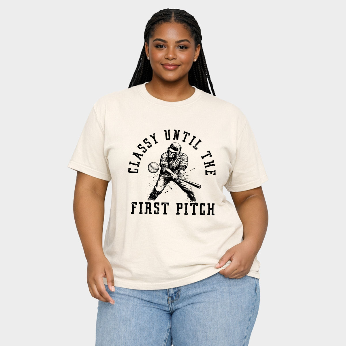 Classy Until First Pitch - Women's Plus Sized Garment Dyed Graphic T-Shirt