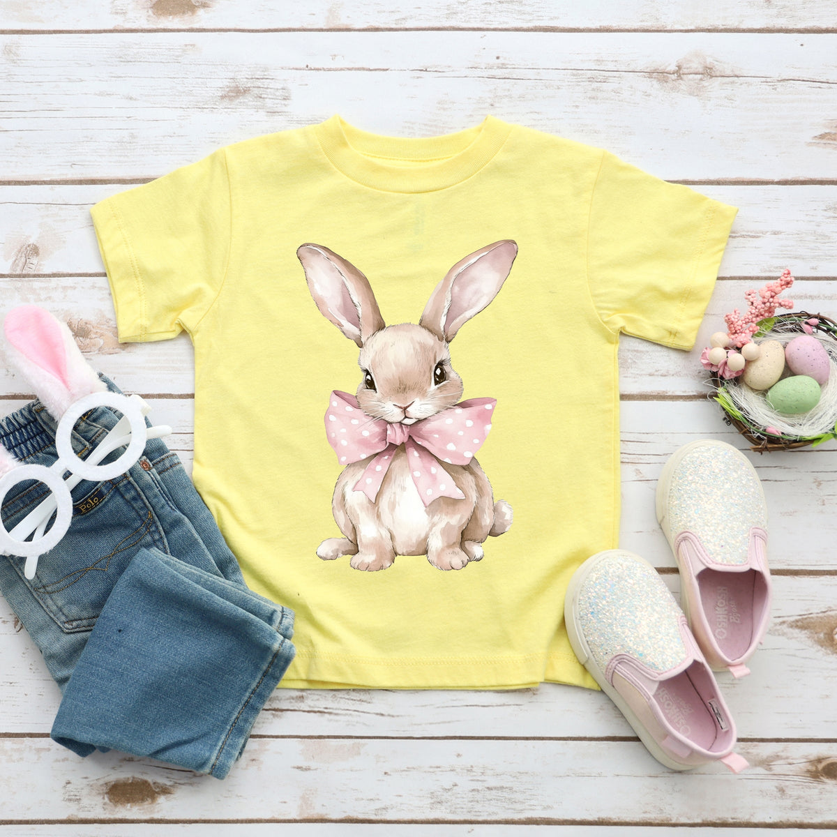 Bunny Watercolor With Bow - Toddler Short Sleeve Graphic T-Shirt