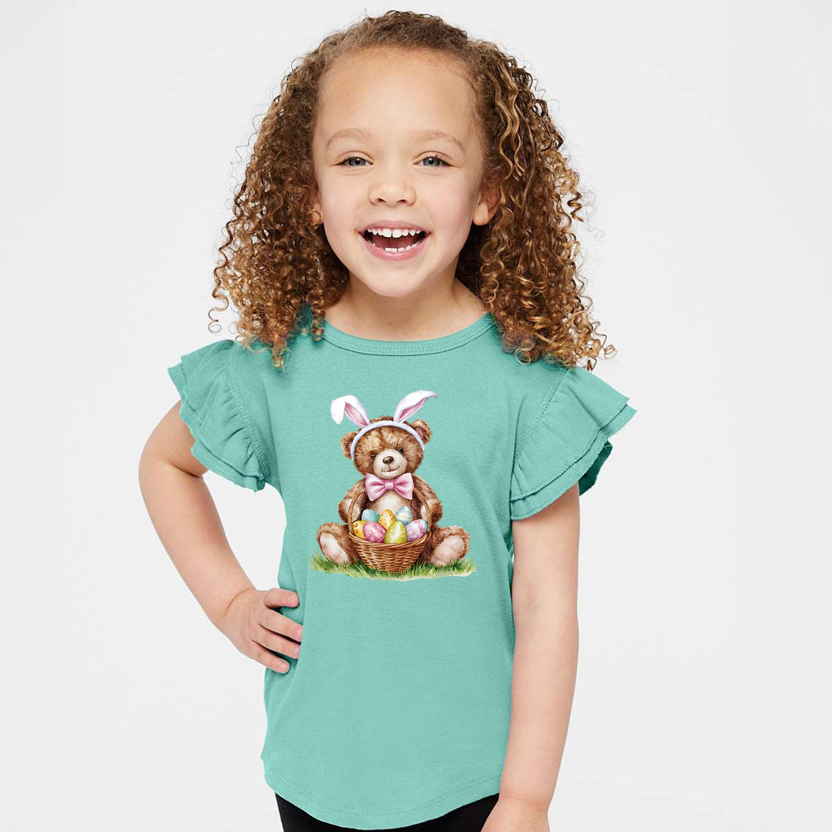 Teddy Bear Easter Basket Watercolor - Flutter Sleeve Graphic T-Shirt