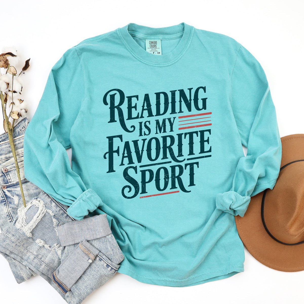 Reading Is My Favorite Sport Stripes - Women's Garment Dyed Long Sleeve Graphic T-Shirt