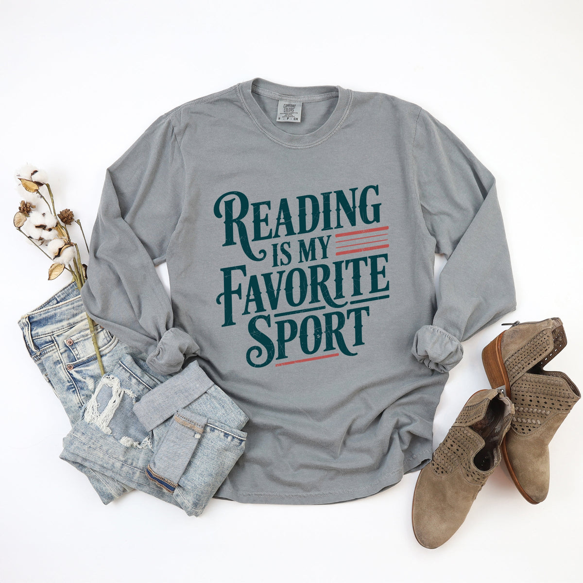 Reading Is My Favorite Sport Stripes - Women's Garment Dyed Long Sleeve Graphic T-Shirt