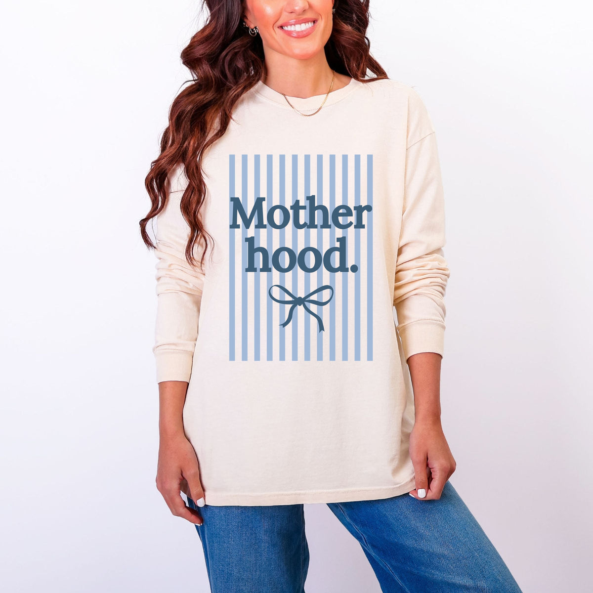 Blue Motherhood Stripes - Women's Garment Dyed Long Sleeve Graphic T-Shirt