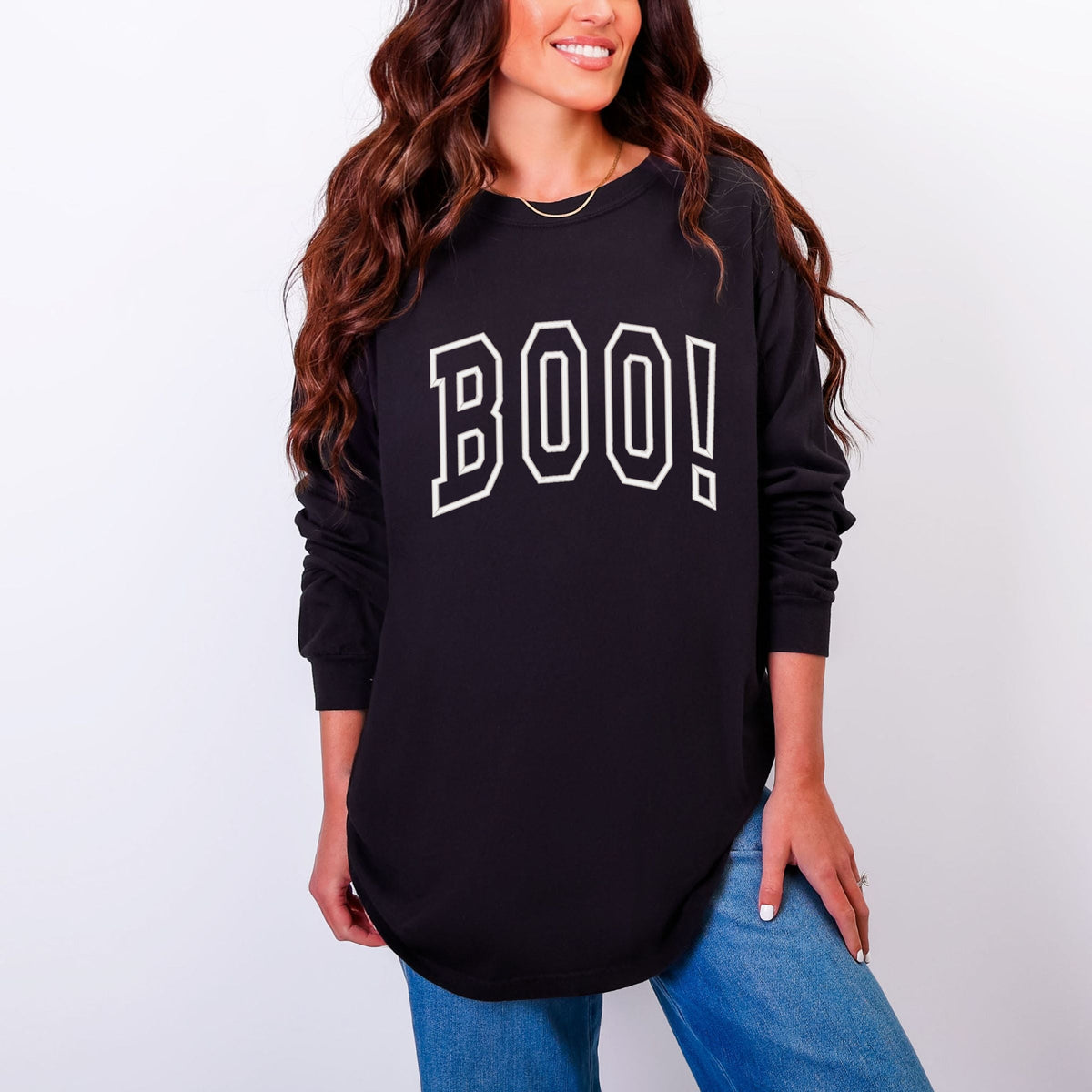 Embroidered Boo Arched - Women's Garment Dyed Long Sleeve Graphic T-Shirt