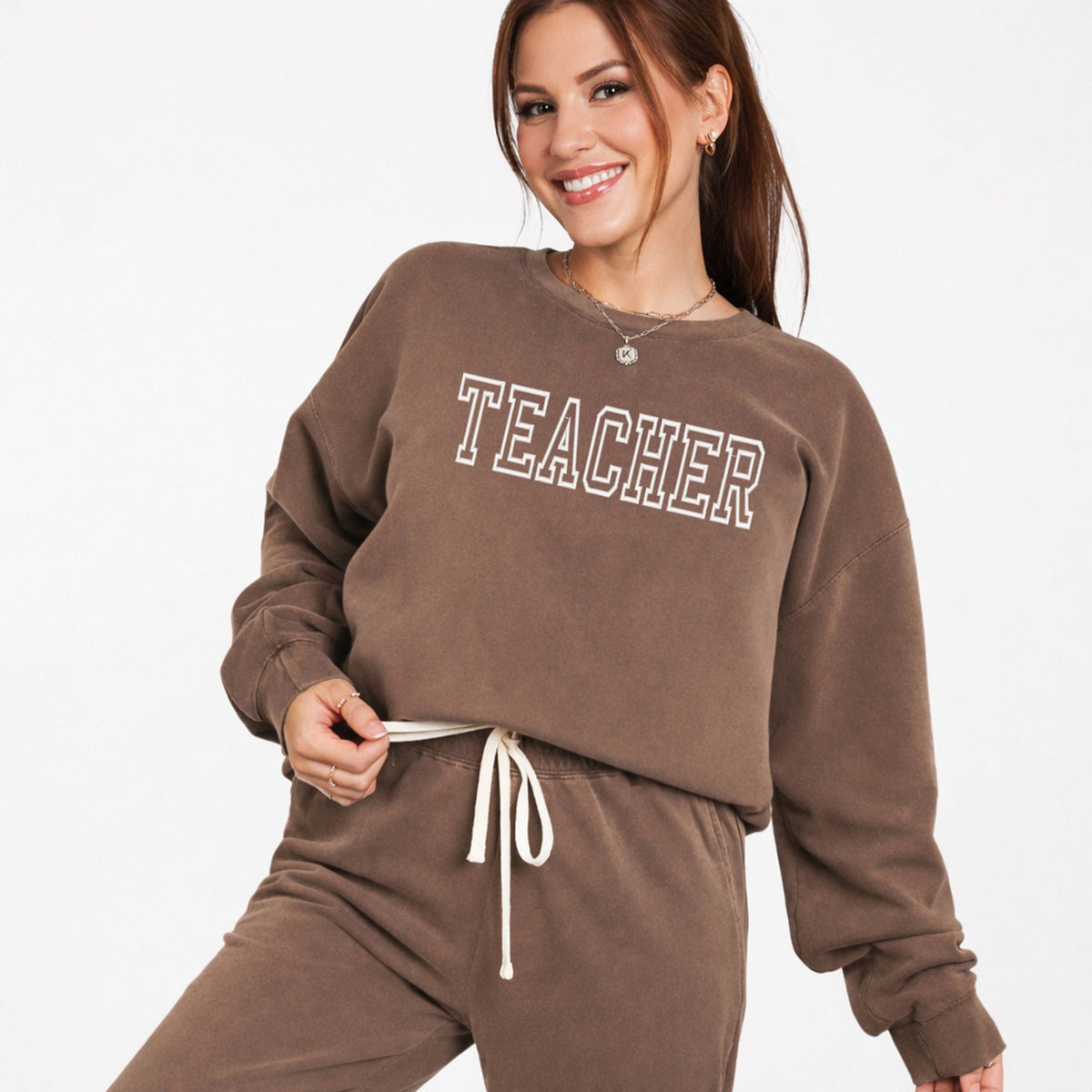 Embroidered Teacher Outline - Women's Lightweight Garment Dyed Sweatshirt