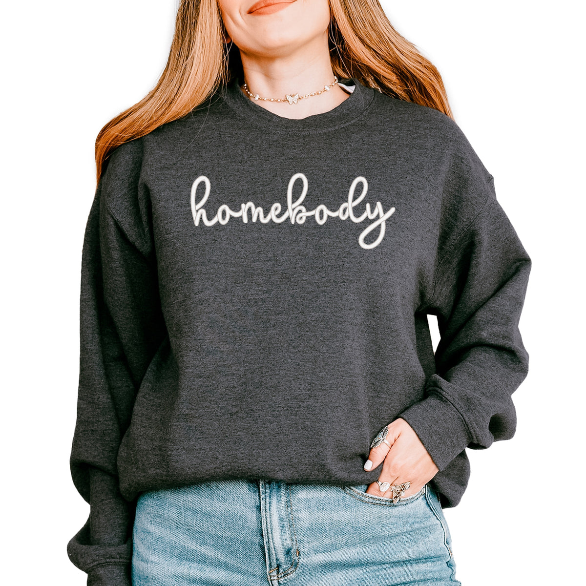Embroidered Homebody Cursive - Women's Graphic Sweatshirt