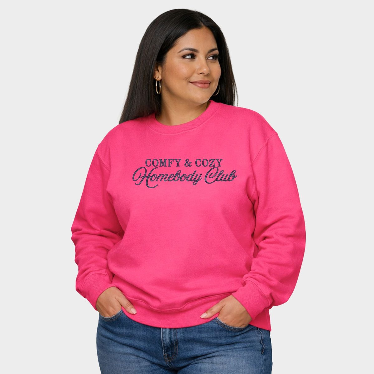 Embroidered Comfy & Cozy Homebody Club - Women's Plus Sized Graphic Sweatshirt