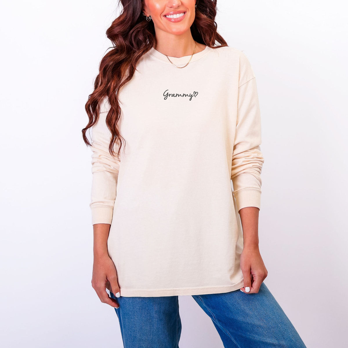 Embroidered Grammy Heart - Women's Garment Dyed Long Sleeve Graphic T-Shirt