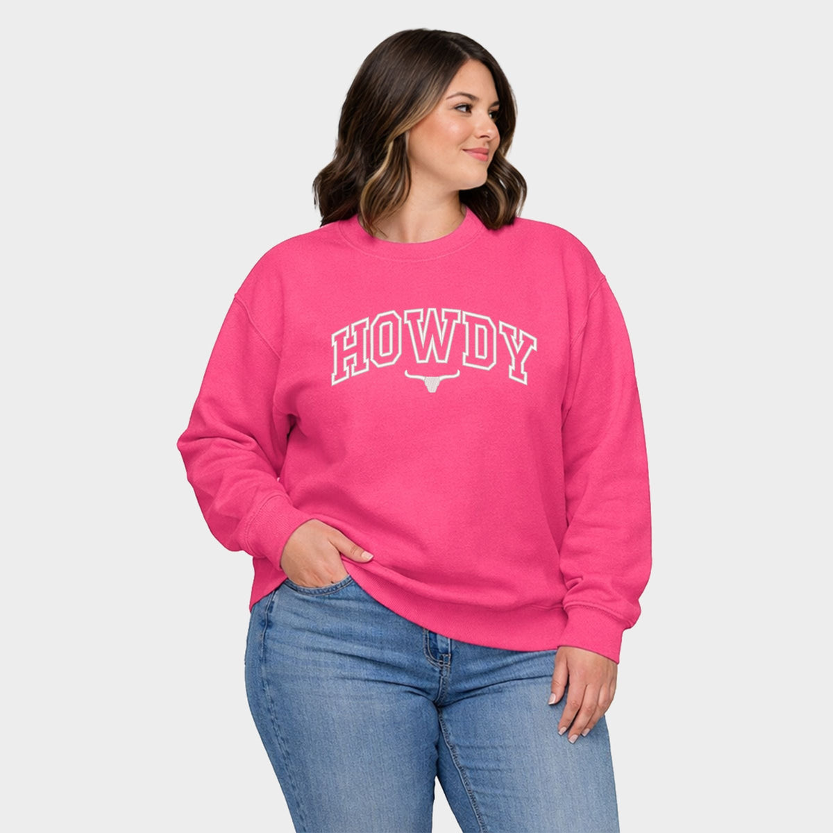 Embroidered Howdy Bull Varsity - Women's Plus Sized Graphic Sweatshirt
