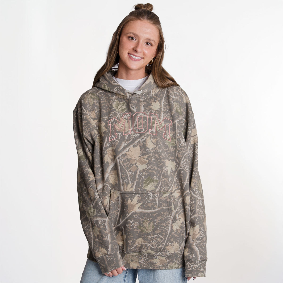 Embroidered Mom Varsity Outline - Camo Hoodie