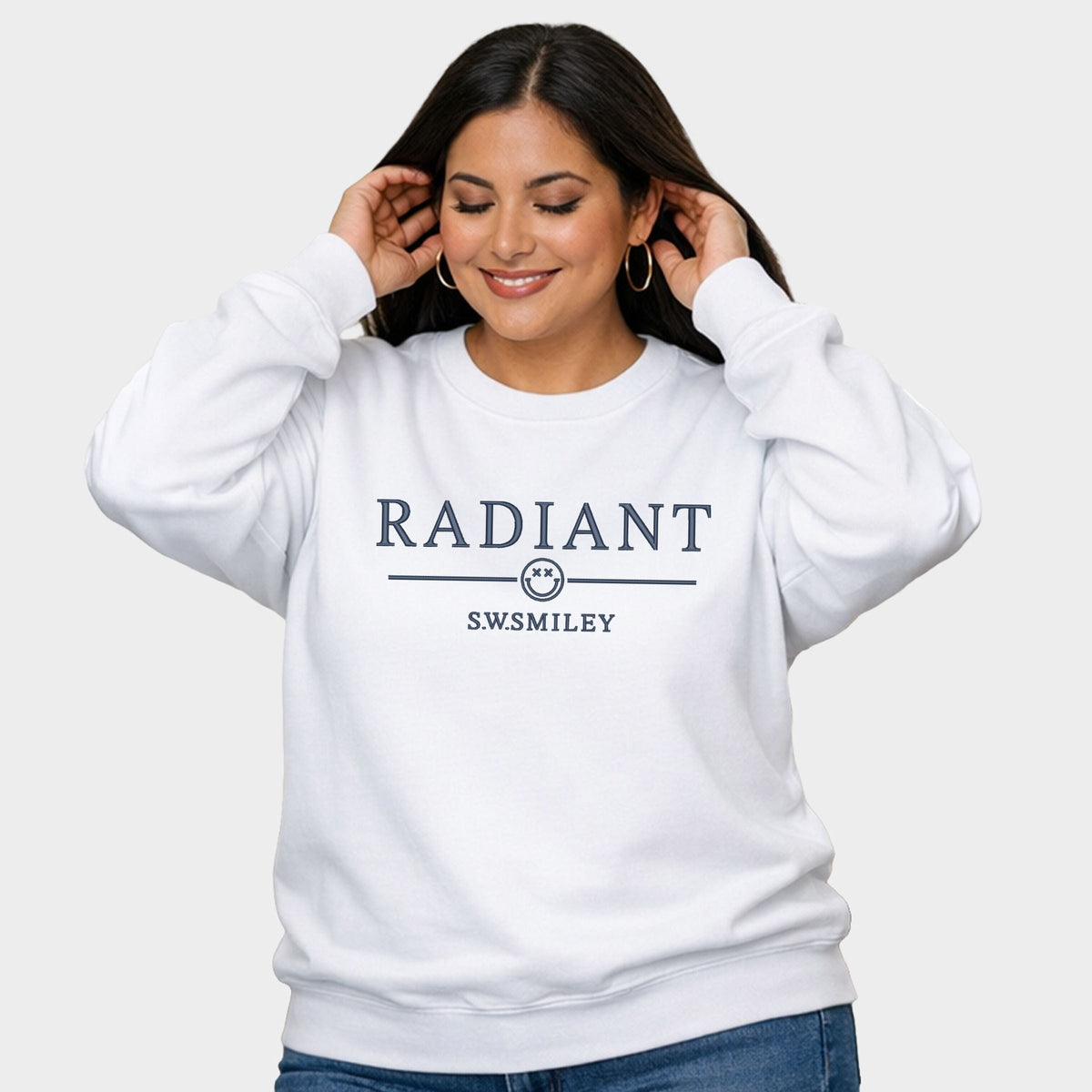 S.W.Smiley Embroidered Radiant Smiley Outline - Women's Plus Sized Graphic Sweatshirt