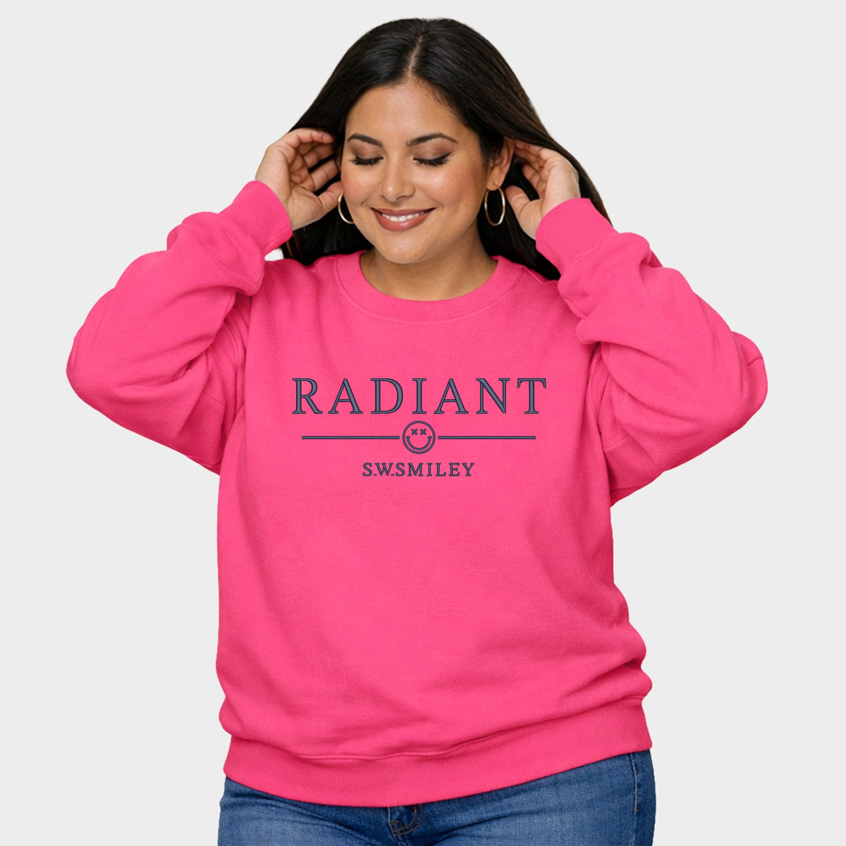 S.W.Smiley Embroidered Radiant Smiley Outline - Women's Plus Sized Graphic Sweatshirt