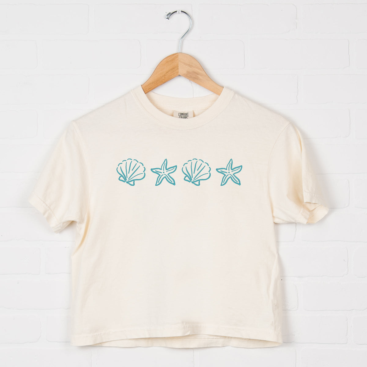 Embroidered Starfish and Shells - Women's Boxy Crop Top Graphic T-Shirt