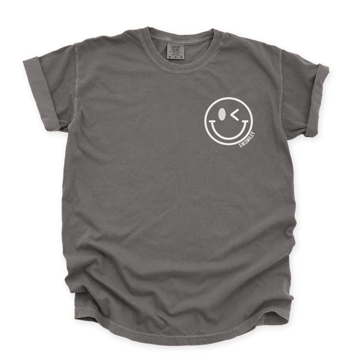 S.W.Smiley Embroidered Smiley Face Outline - Women's Garment Dyed Graphic T-Shirt
