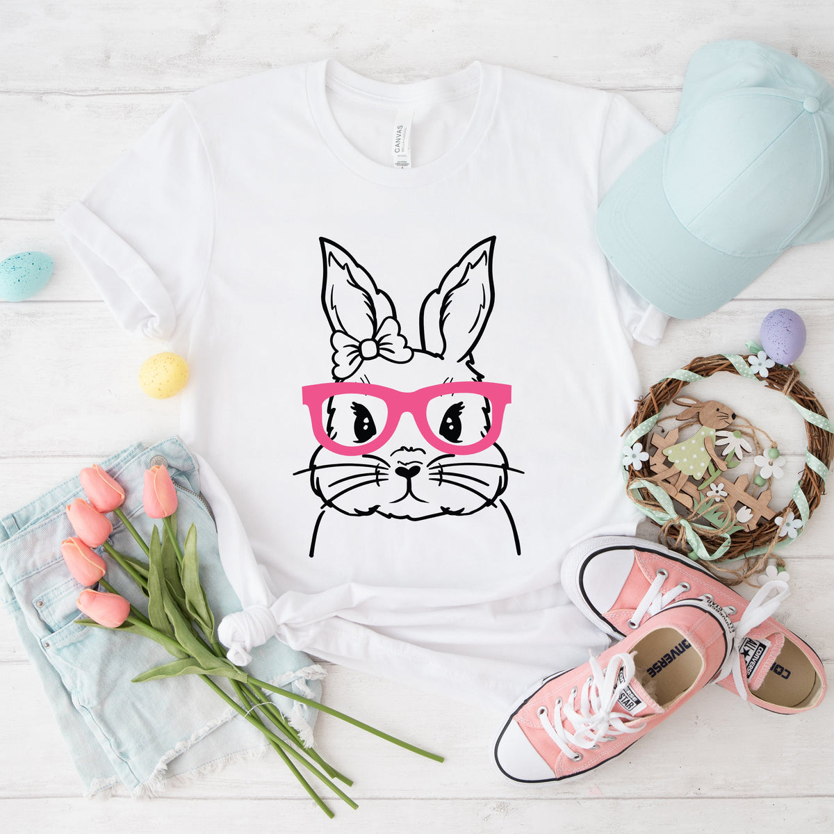 Bunny Face With Pink Glasses Puff Print | Short Sleeve Graphic Tee