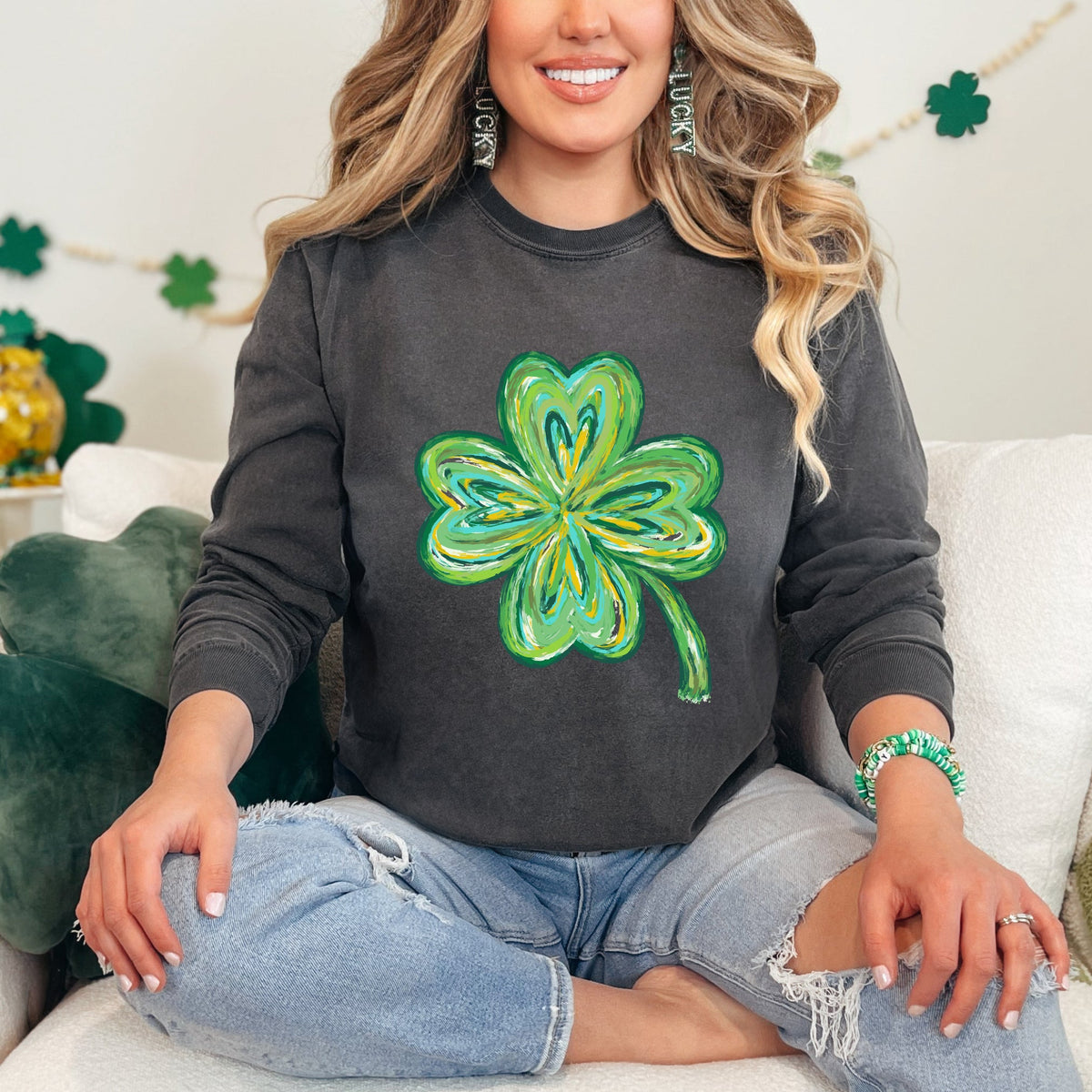Four Leaf Clover Watercolor | Garment Dyed Long Sleeve
