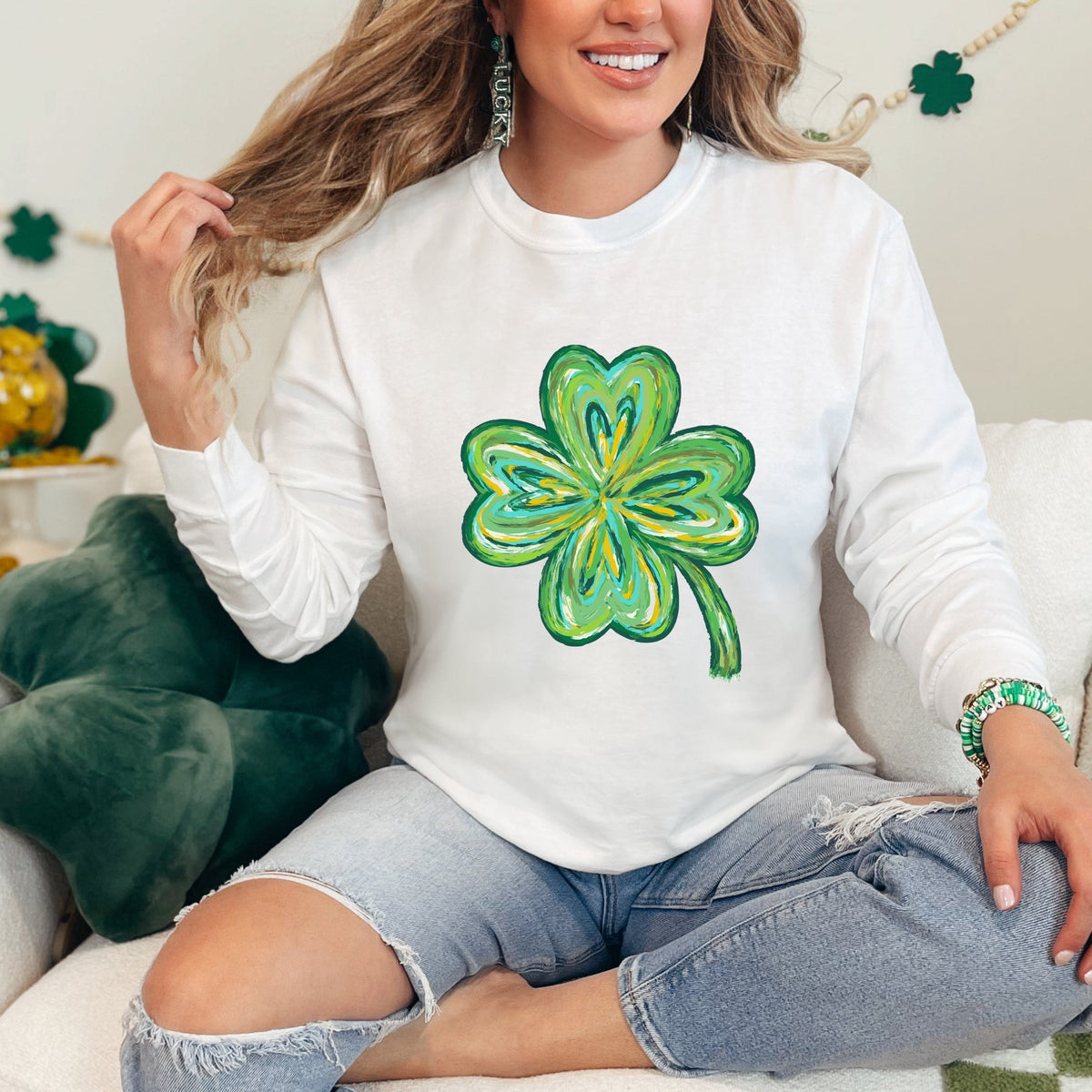 Four Leaf Clover Watercolor | Garment Dyed Long Sleeve