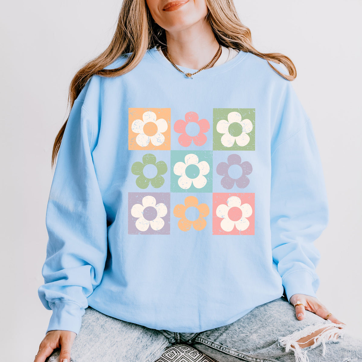 Checkered Flowers | Lightweight Garment Dyed Sweatshirt