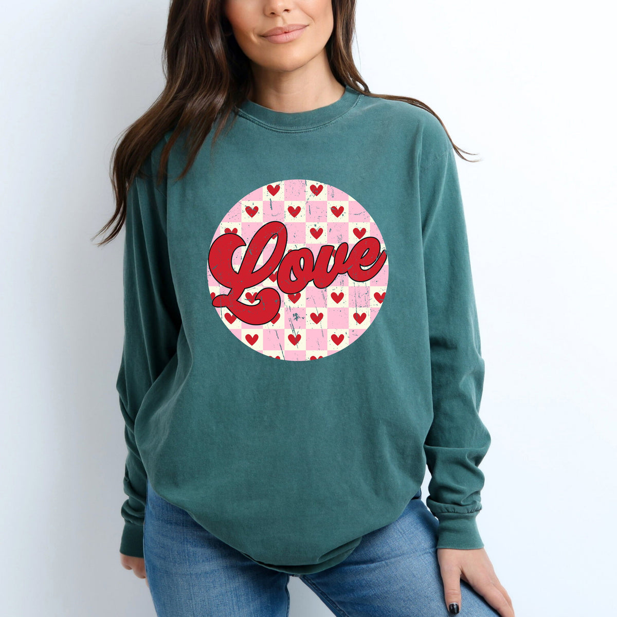 Retro Love Checkered Circle | Garment Dyed Long Sleeve