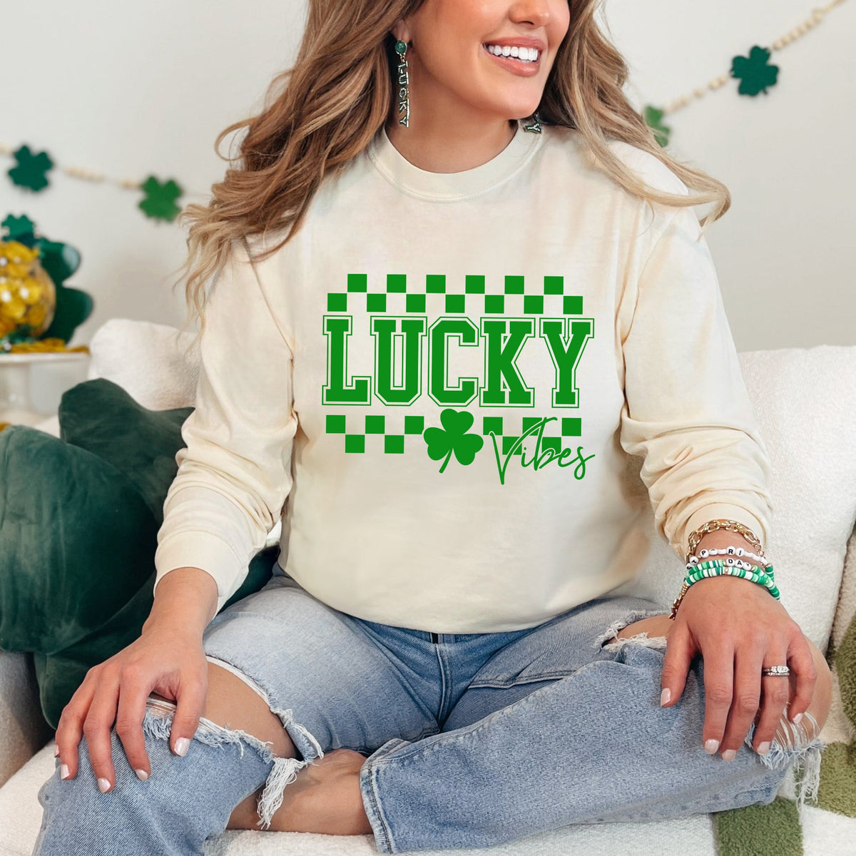 Lucky Vibes Checkered | Garment Dyed Long Sleeve