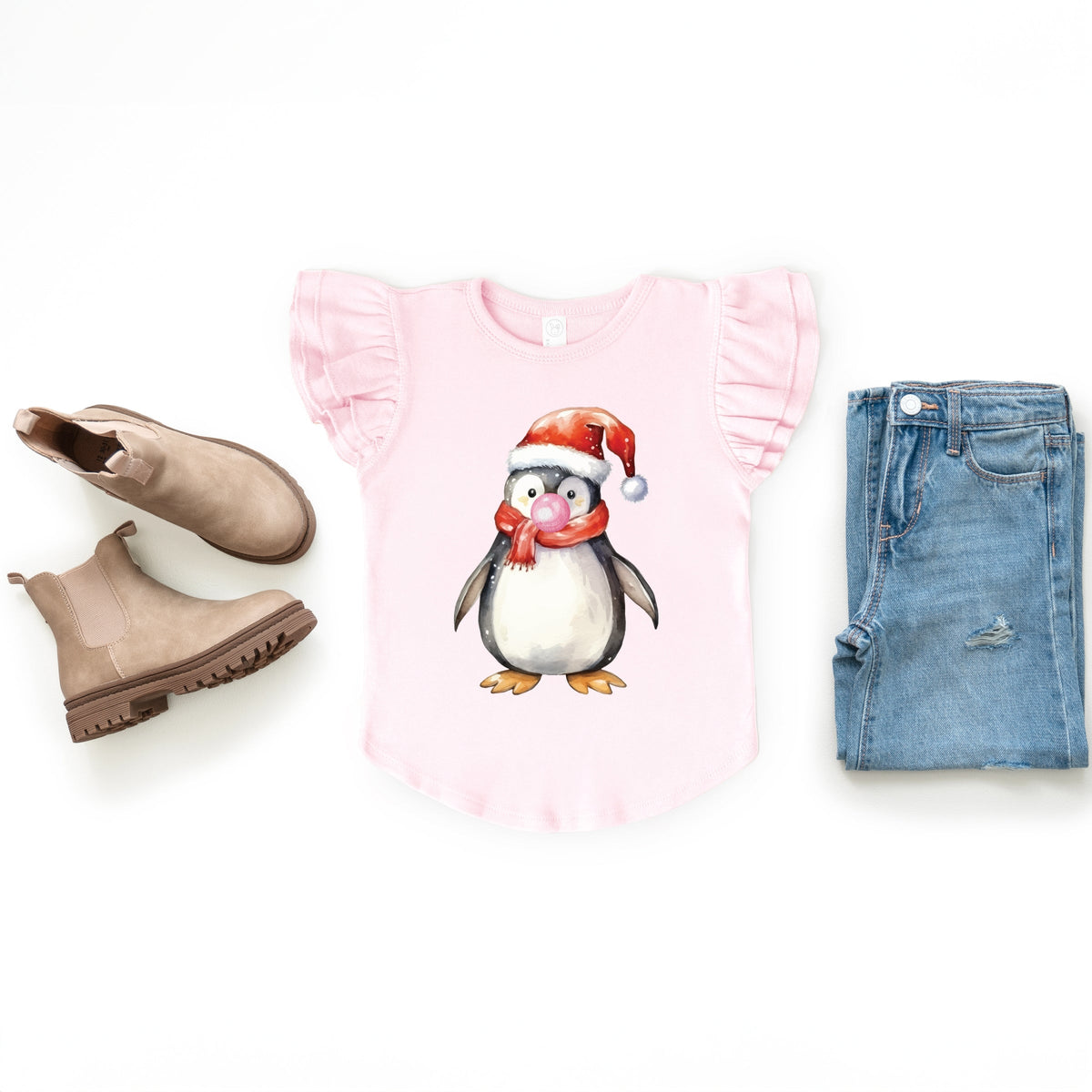 Watercolor Penguin Bubblegum - Flutter Sleeve Graphic T-Shirt