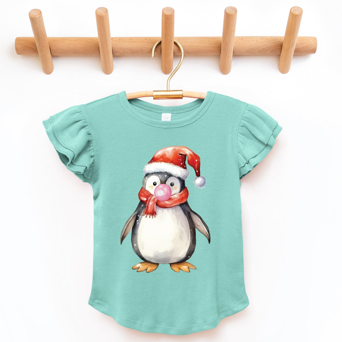 Watercolor Penguin Bubblegum - Flutter Sleeve Graphic T-Shirt