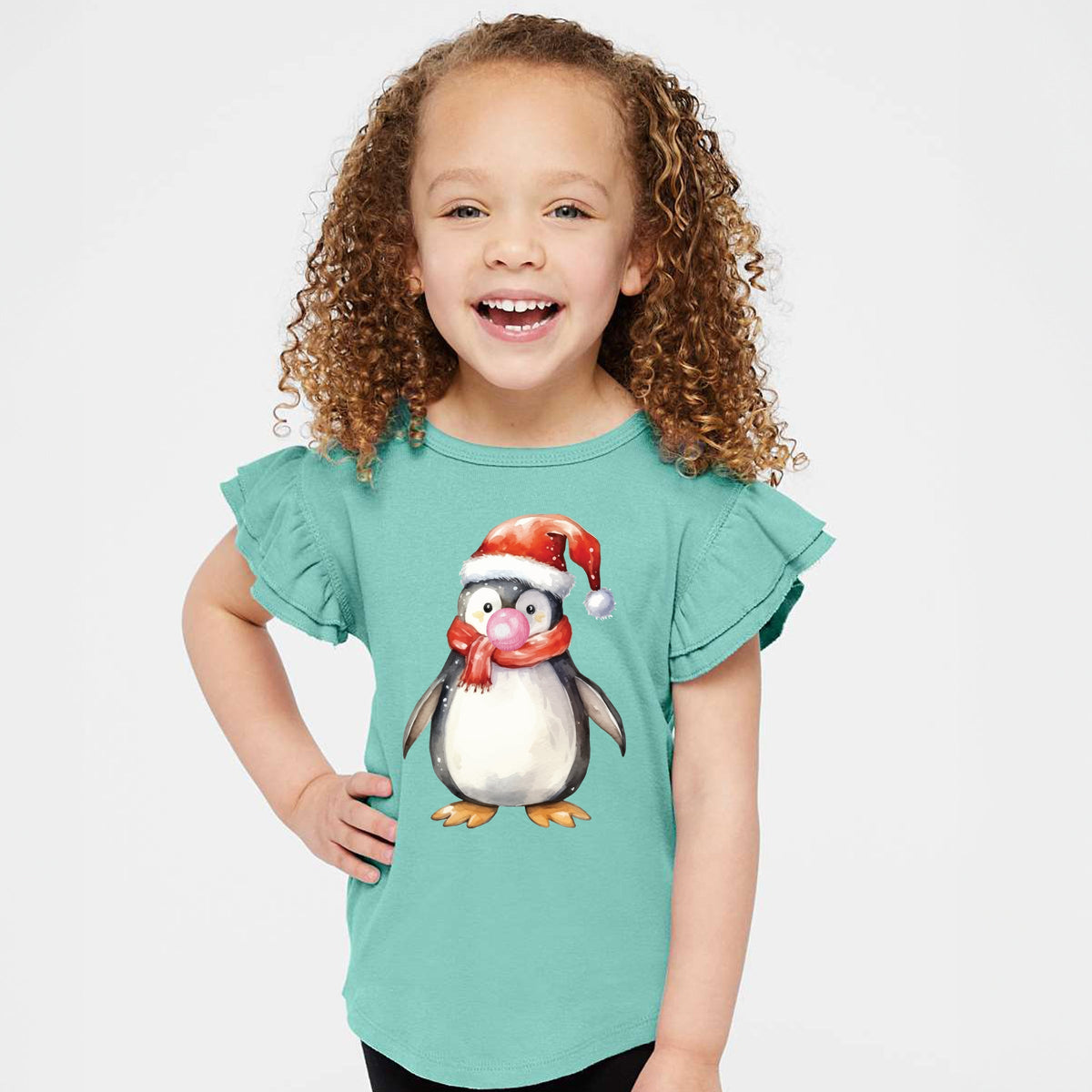 Watercolor Penguin Bubblegum - Flutter Sleeve Graphic T-Shirt