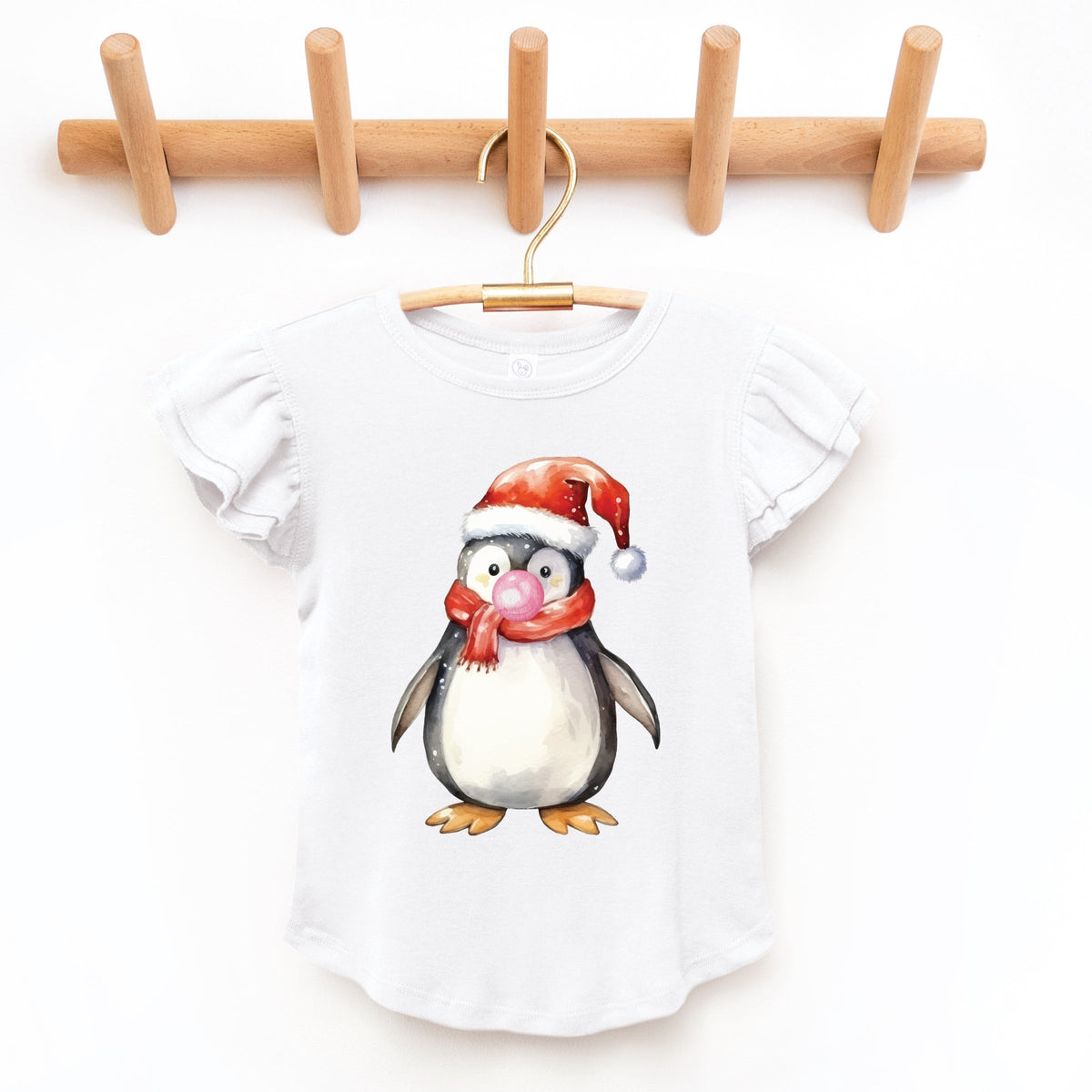 Watercolor Penguin Bubblegum - Flutter Sleeve Graphic T-Shirt