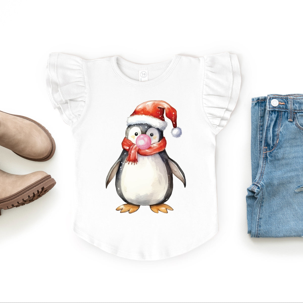Watercolor Penguin Bubblegum - Flutter Sleeve Graphic T-Shirt