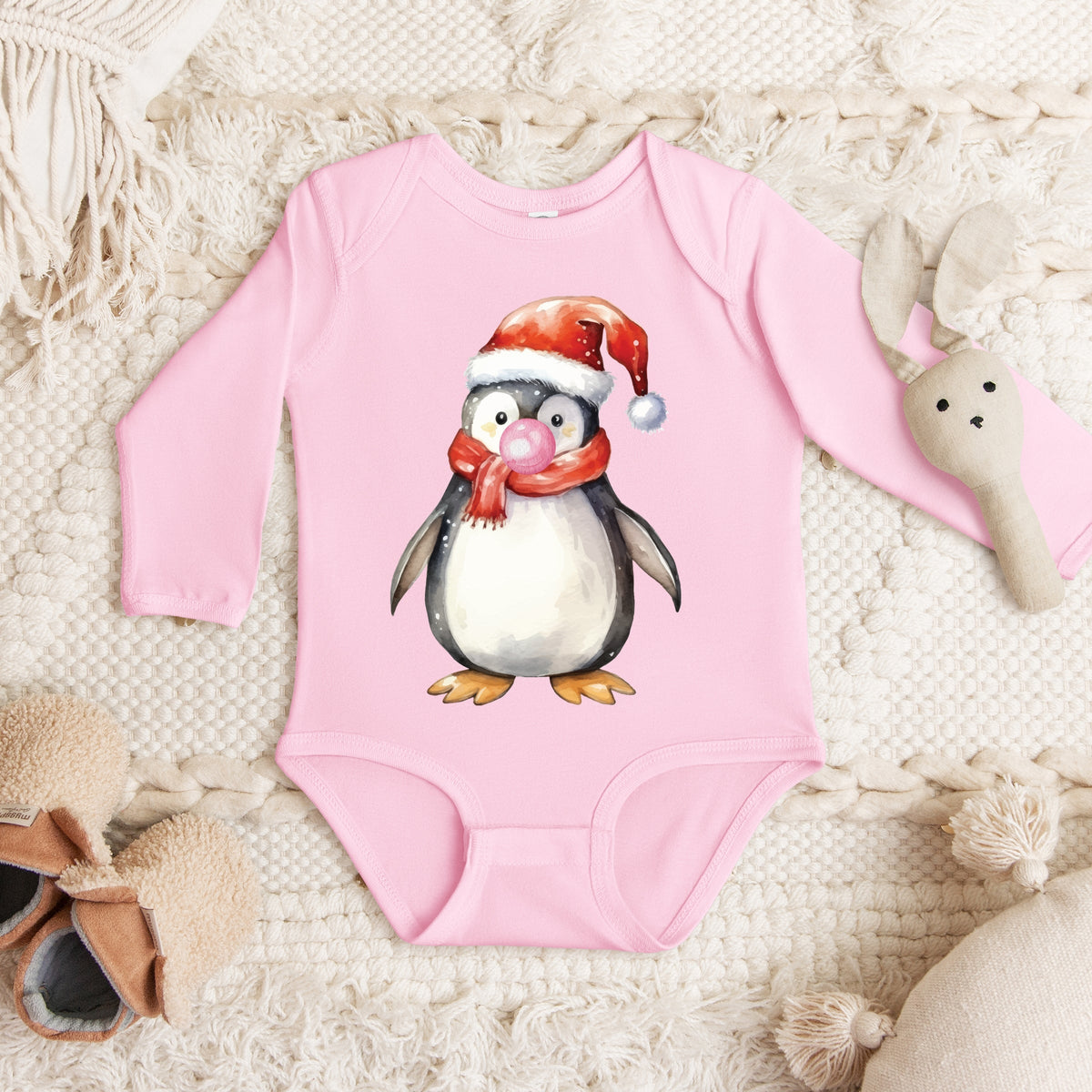 Watercolor Penguin Bubblegum - Baby Long Sleeve Bodysuit