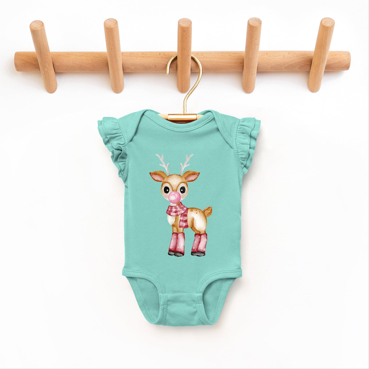 Watercolor Reindeer Bubblegum - Flutter Sleeve Bodysuit