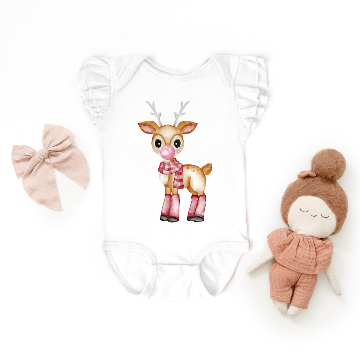 Watercolor Reindeer Bubblegum - Flutter Sleeve Bodysuit