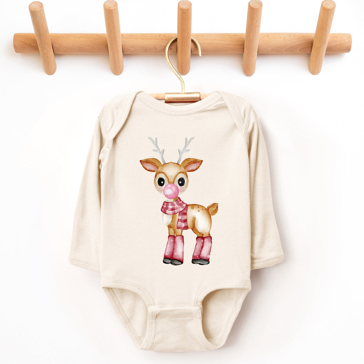 Watercolor Reindeer Bubblegum  - Long Sleeve Bodysuit