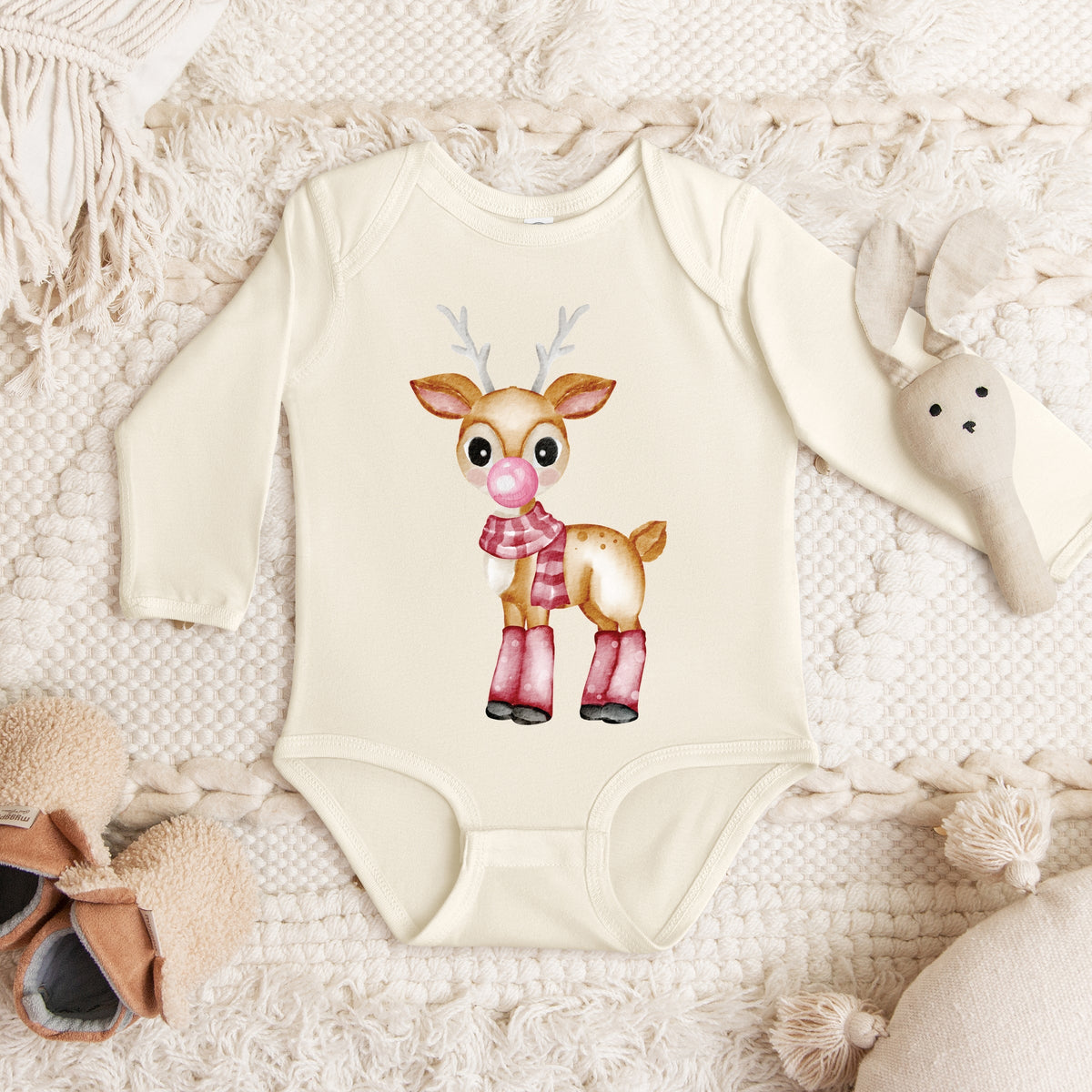 Watercolor Reindeer Bubblegum  - Long Sleeve Bodysuit