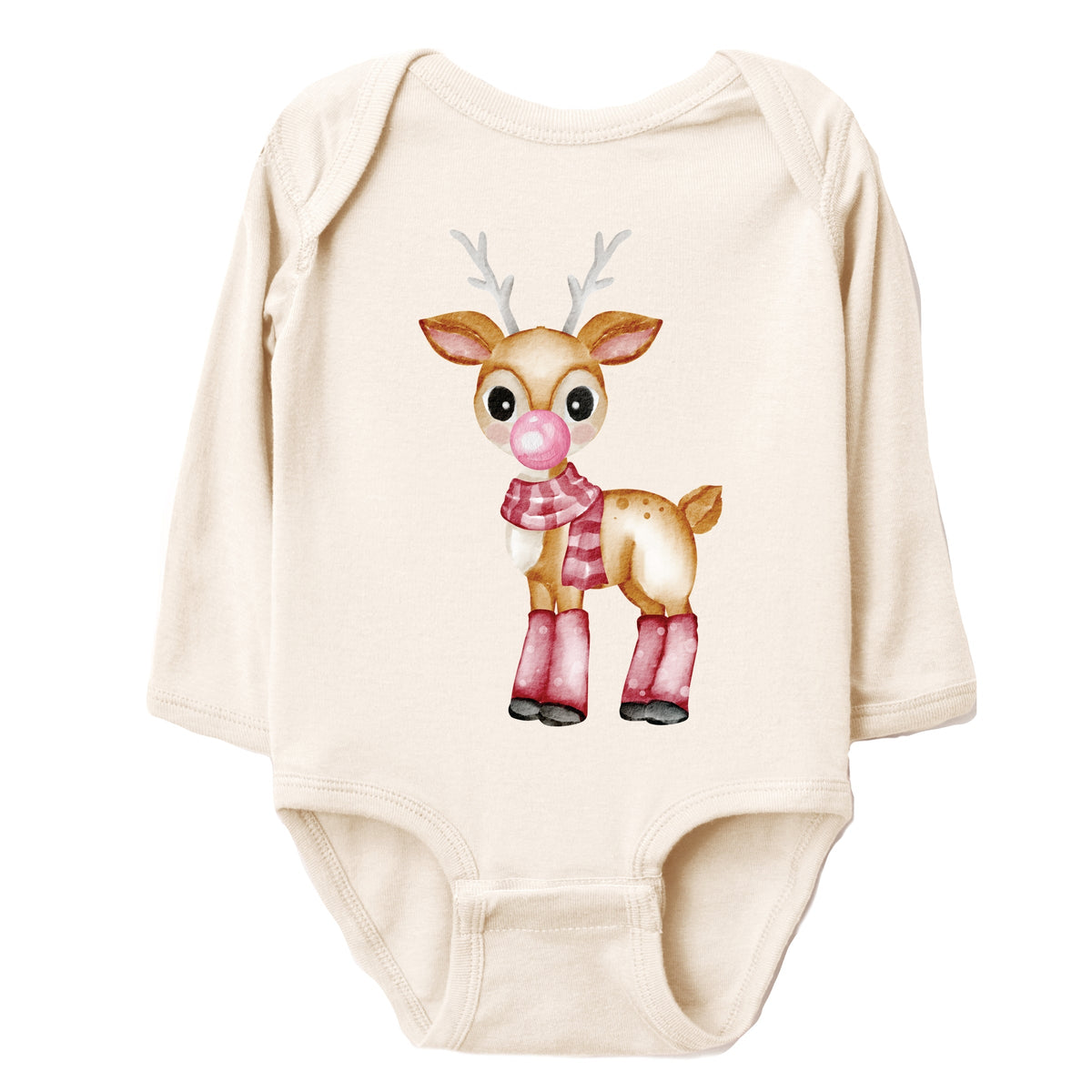 Watercolor Reindeer Bubblegum  - Long Sleeve Bodysuit