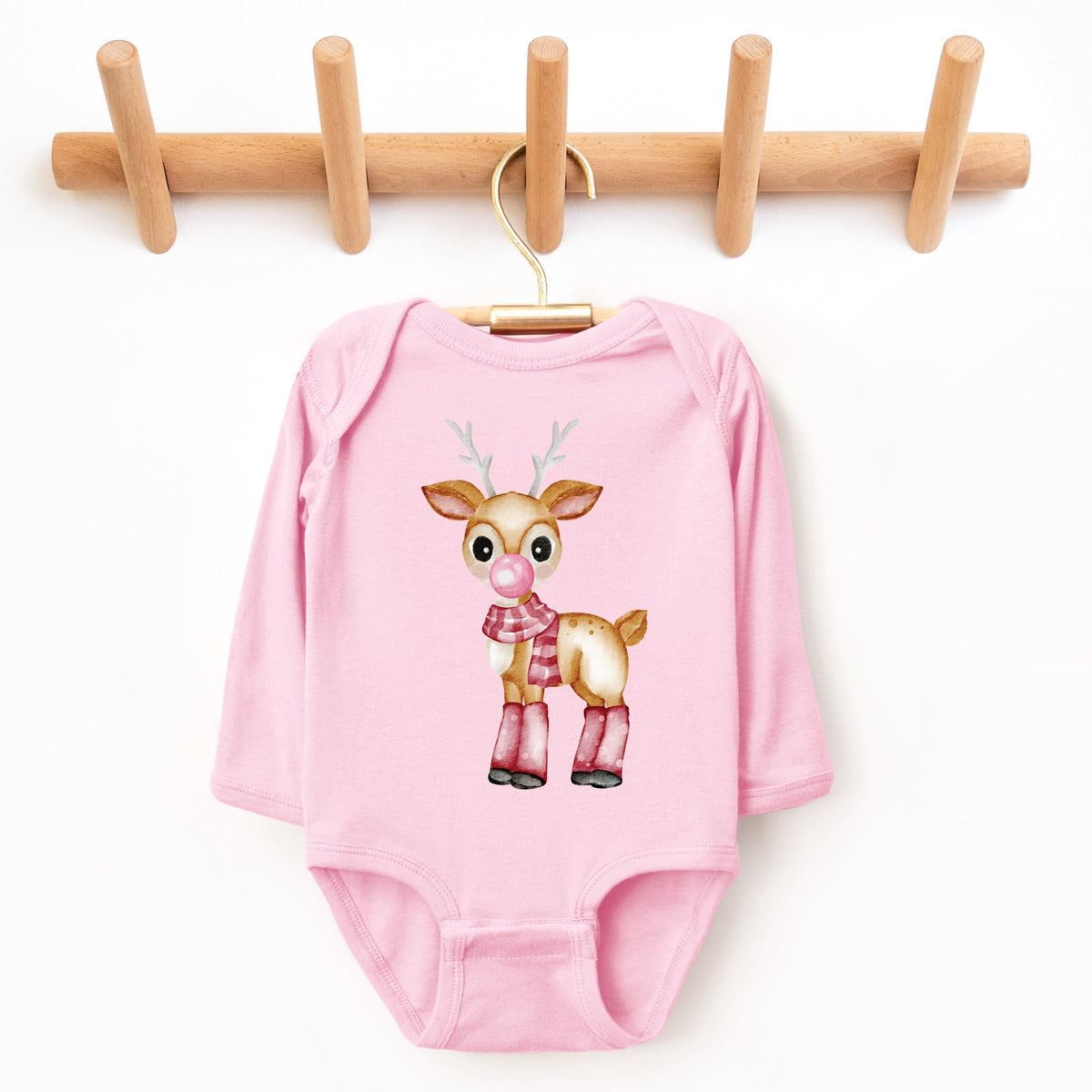 Watercolor Reindeer Bubblegum  - Long Sleeve Bodysuit