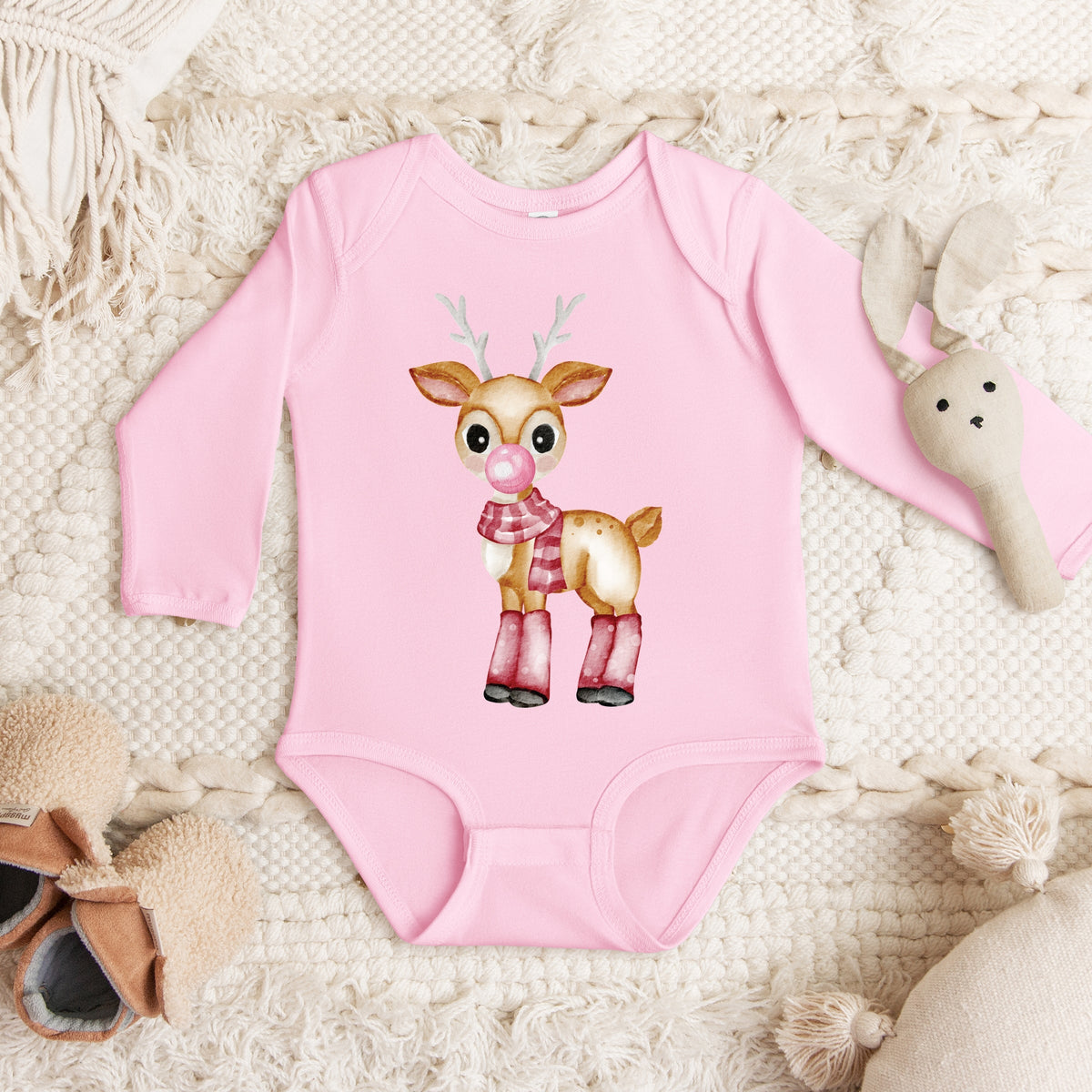 Watercolor Reindeer Bubblegum  - Long Sleeve Bodysuit